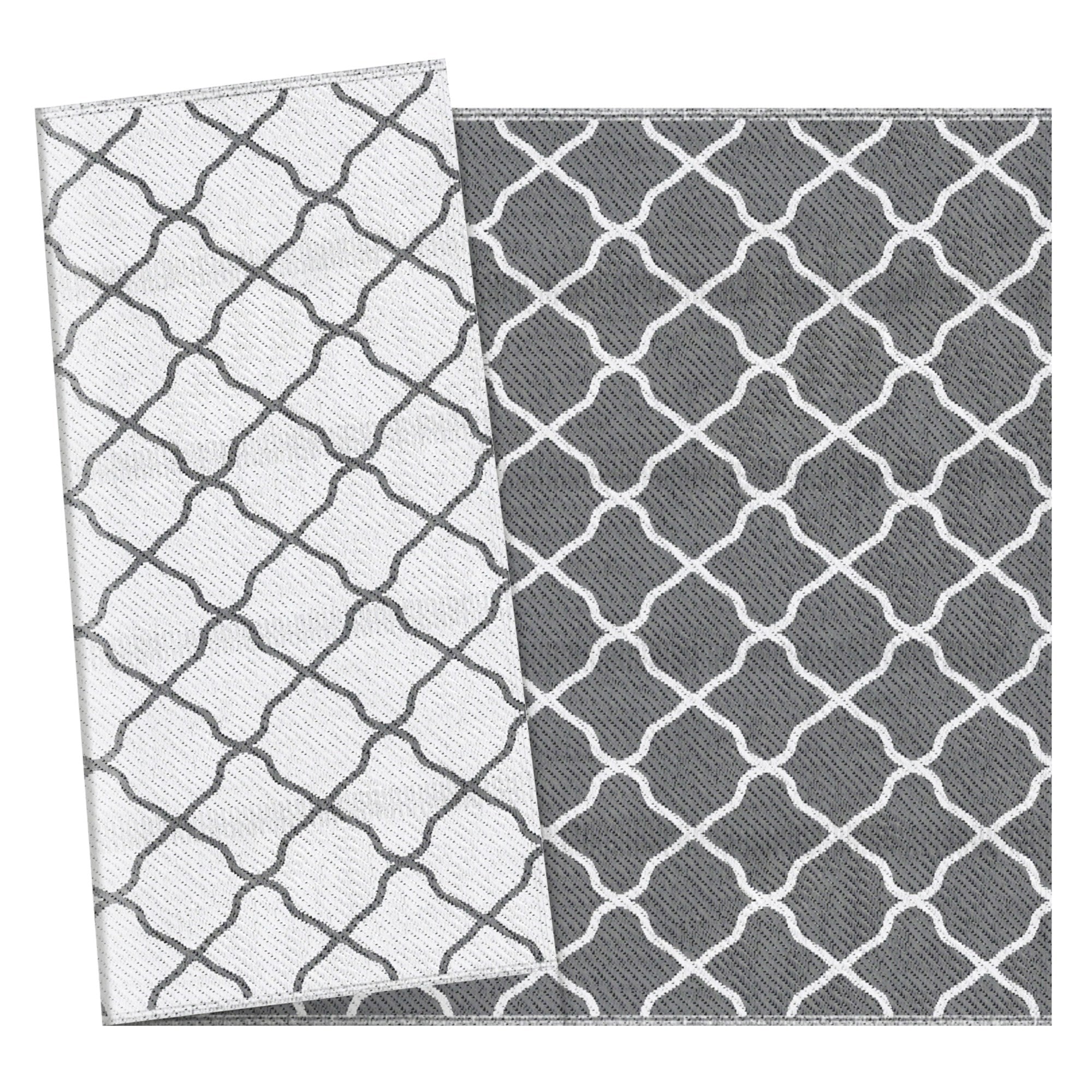 Outdoor Rug 182x274 cm Reversible Rug with Geometric Pattern Waterproof for Terrace Balcony Patio Camping Beach Gray and White