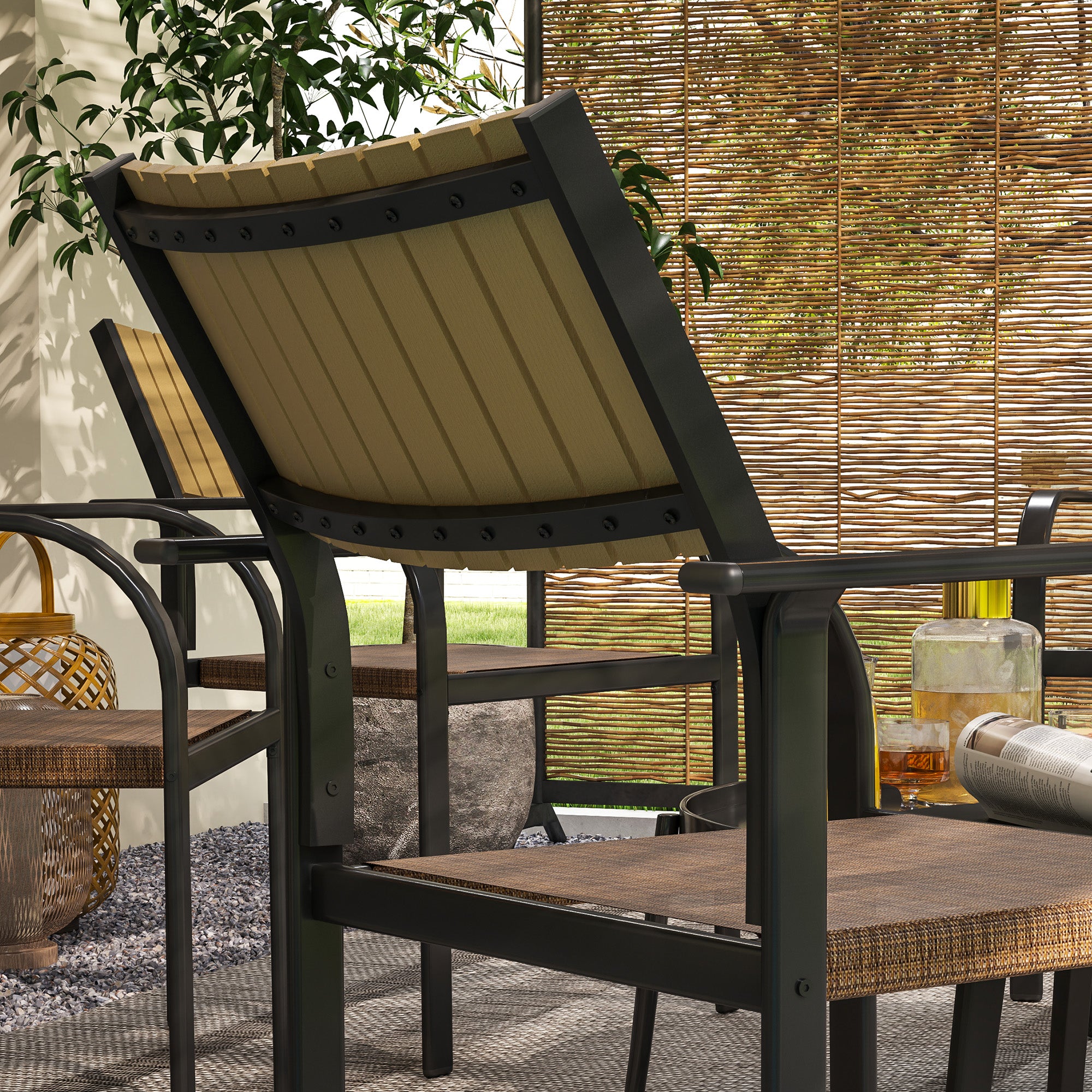 Set of 4 Outdoor Garden Chairs Terrace Stackable Chairs Dining Chair with Breathable Fabric Steel Frame Armrests and Backrest 58x65x85 cm Brown