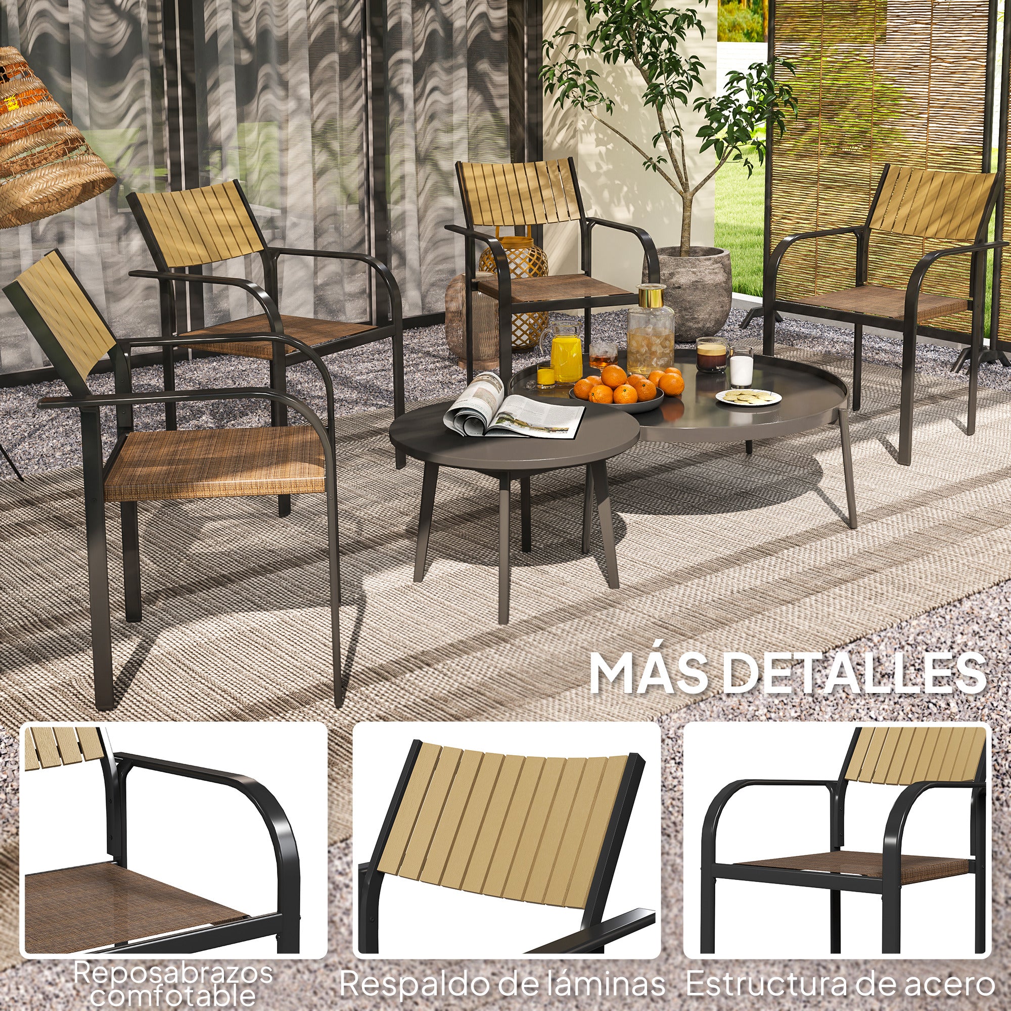 Set of 4 Outdoor Garden Chairs Terrace Stackable Chairs Dining Chair with Breathable Fabric Steel Frame Armrests and Backrest 58x65x85 cm Brown