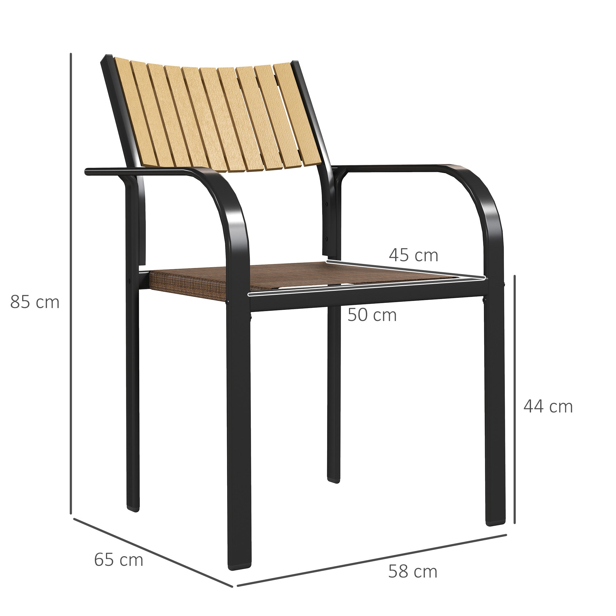 Set of 4 Outdoor Garden Chairs Terrace Stackable Chairs Dining Chair with Breathable Fabric Steel Frame Armrests and Backrest 58x65x85 cm Brown