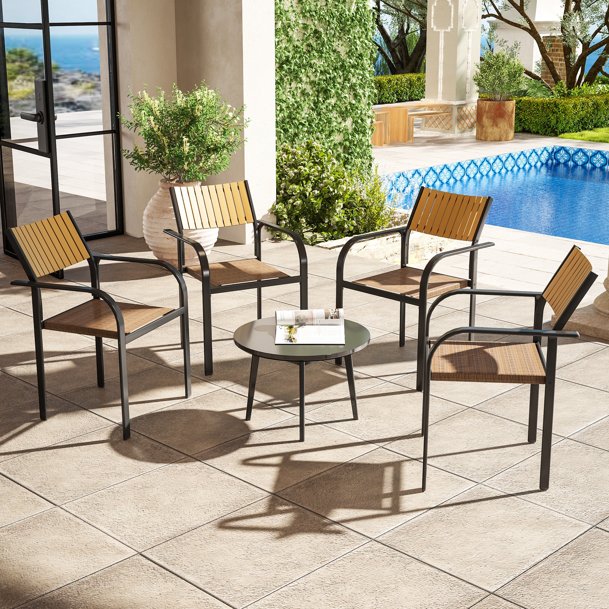 Set of 4 Outdoor Garden Chairs Terrace Stackable Chairs Dining Chair with Breathable Fabric Steel Frame Armrests and Backrest 58x65x85 cm Brown