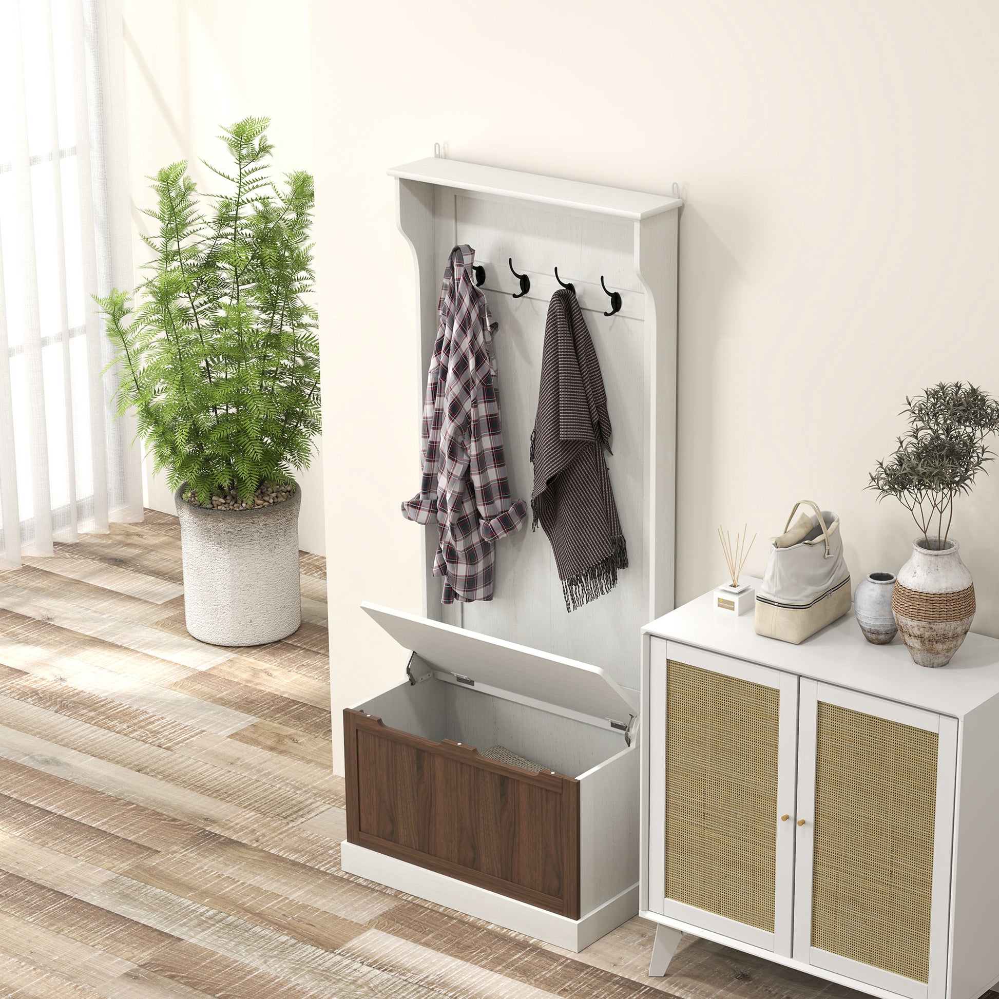 3 in 1 Entryway Coat Rack with Shoe Storage Bench, Space-Saving Floor Coat Rack with 4 Hooks and Storage Bench, in MDF, for Hallway, Bedroom, 71.5x39.5x170 cm, White and Brown