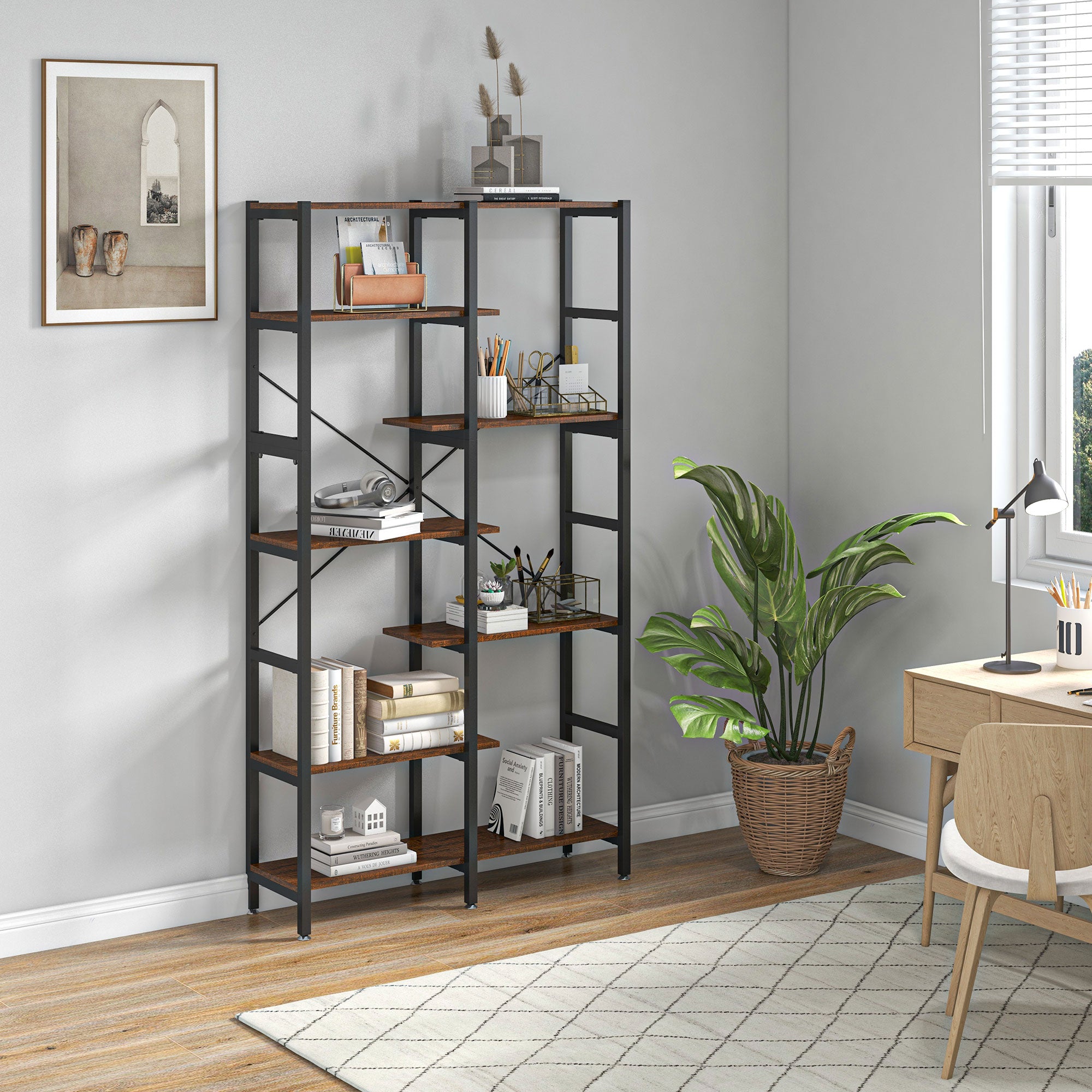 Large Wall Bookshelf in Wood and Black Metal with 6 Shelves, Vintage Industrial Style, 100x30x182cm