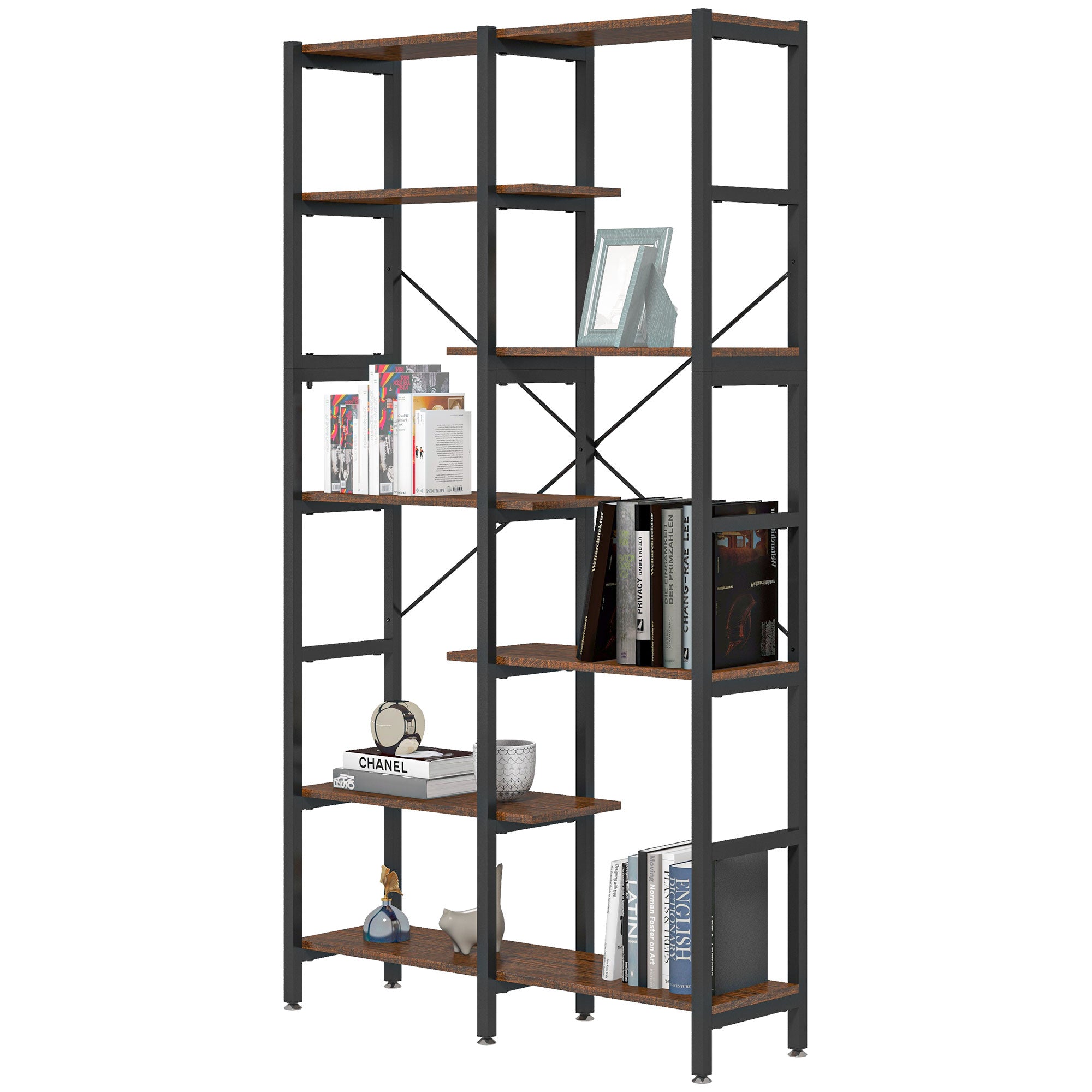 Large Wall Bookshelf in Wood and Black Metal with 6 Shelves, Vintage Industrial Style, 100x30x182cm