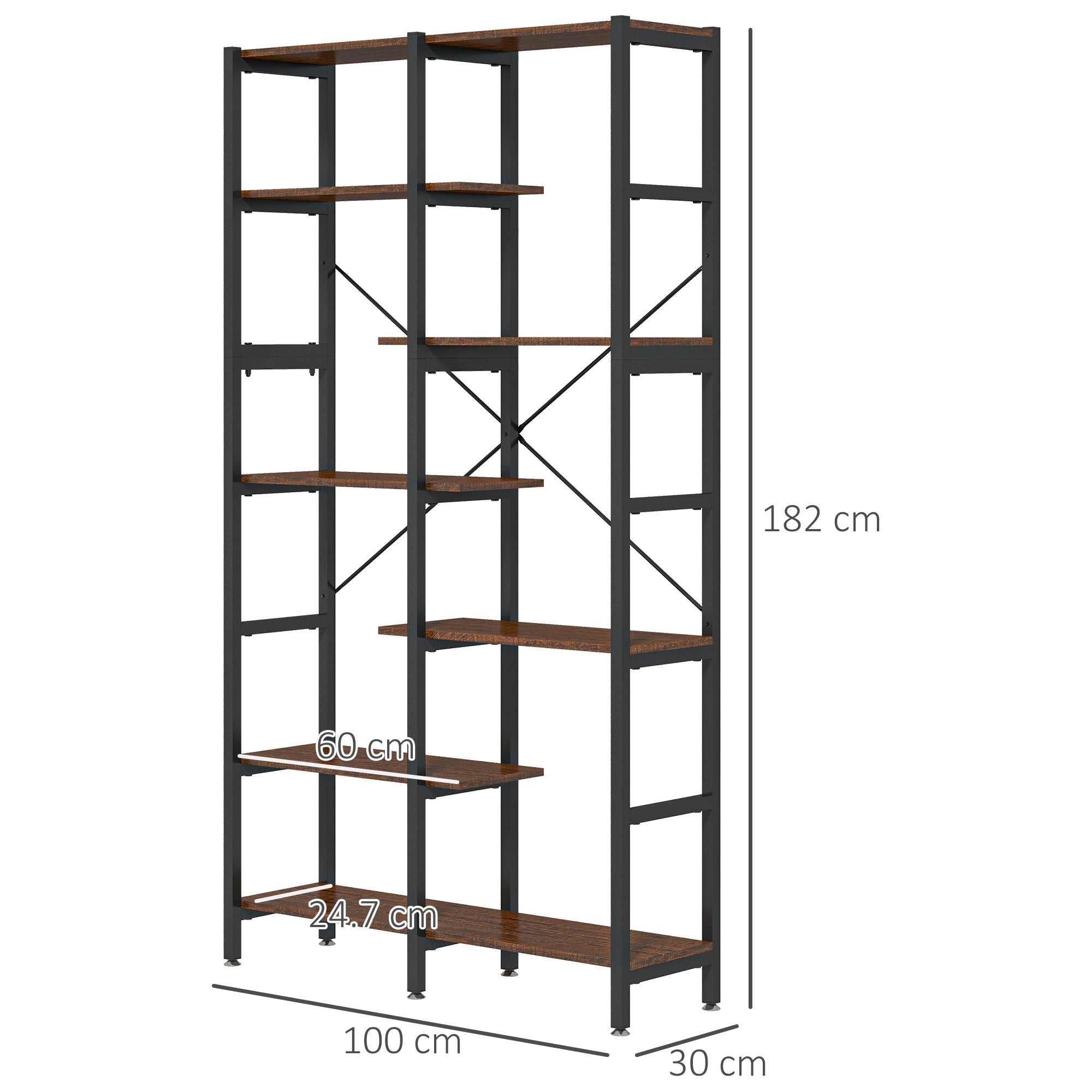 Large Wall Bookshelf in Wood and Black Metal with 6 Shelves, Vintage Industrial Style, 100x30x182cm