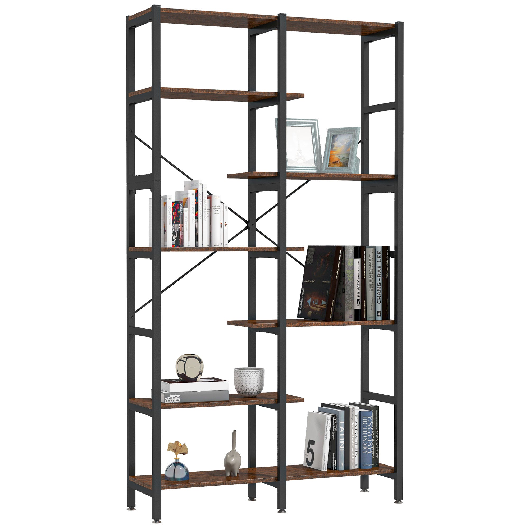 Large Wall Bookshelf in Wood and Black Metal with 6 Shelves, Vintage Industrial Style, 100x30x182cm