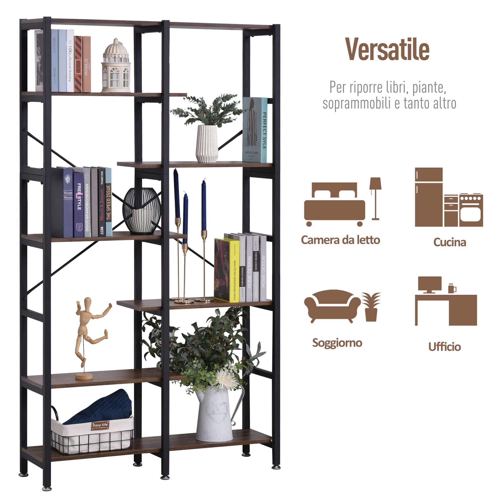 Large Wall Bookshelf in Wood and Black Metal with 6 Shelves, Vintage Industrial Style, 100x30x182cm