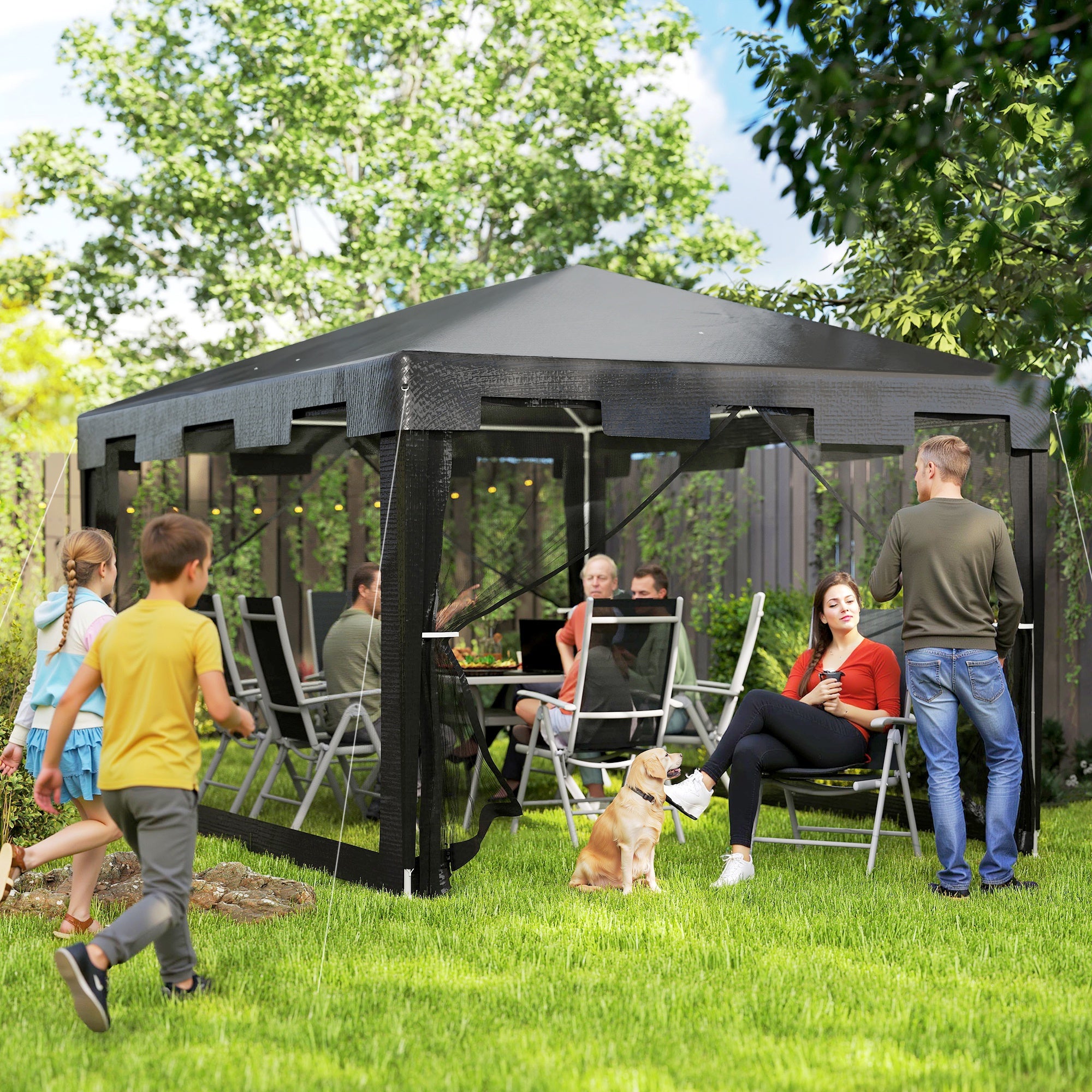 Pavilion 4x3m Rectangular Water-Repellent Stable Winterproof Pavilion with Mosquito Net 4 Side Panels Party Tent Garden Tent Garden Pavilion Marquee for Camping Garden, Dark Gray