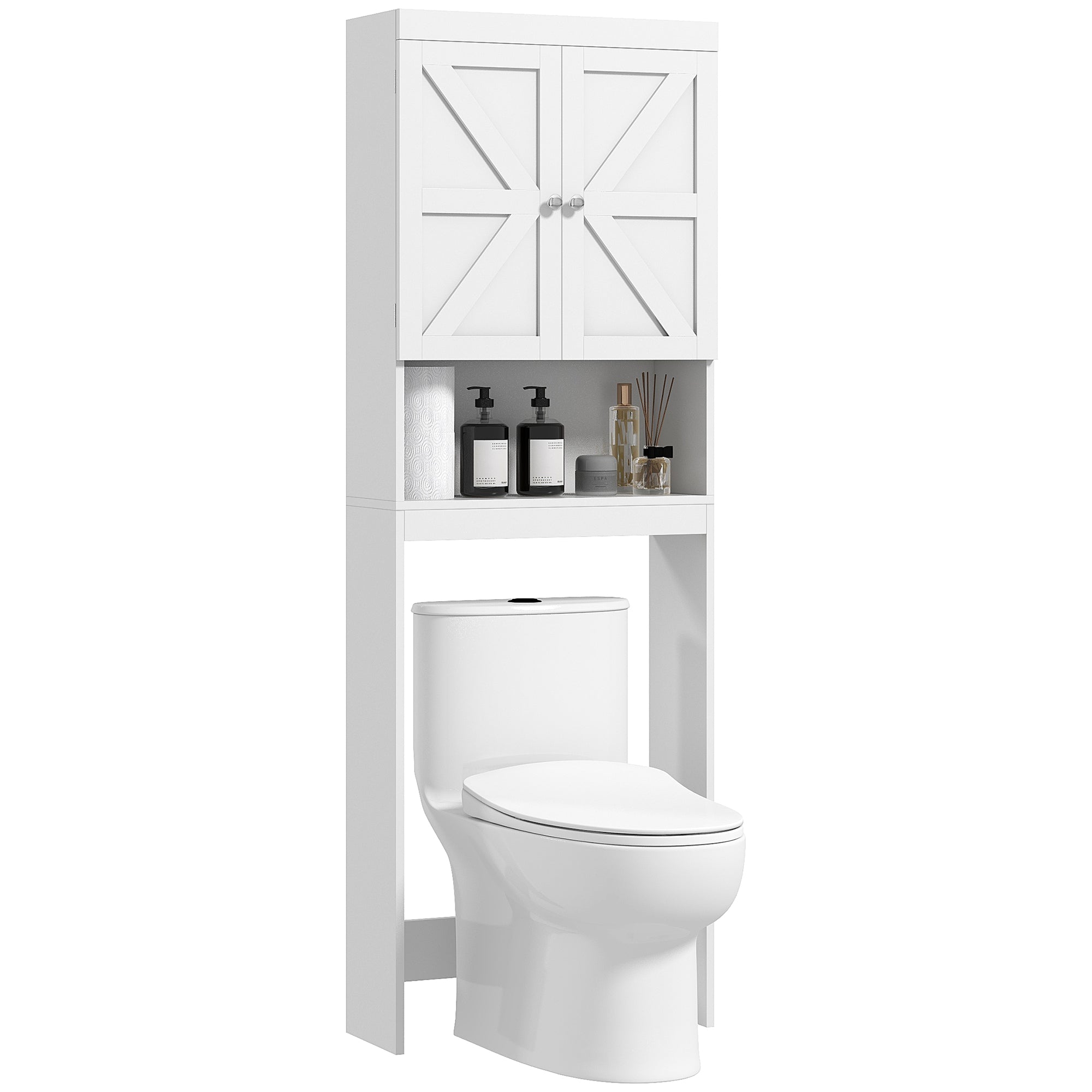 Over-The-Toilet Storage Cabinet, WC Over-The-Toilet Cabinet, Bathroom Cabinet with 2-Door Cupboard and Open Shelf 58.5L x 23W x 170H cm Wooden - White