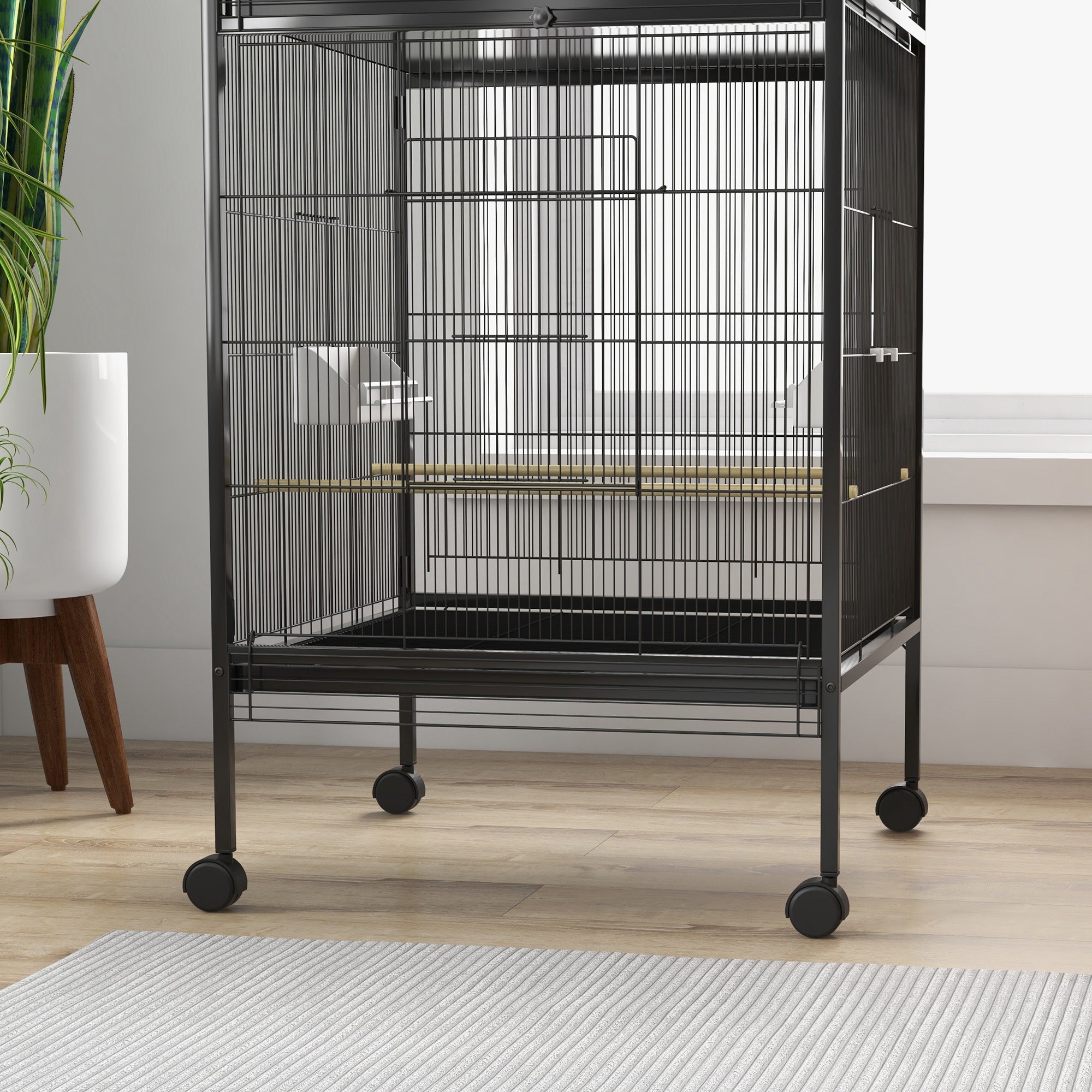2-in-1 Large Bird Cage with 2 Floors Convertible into a Single Birdcage with 4 Feeders, 4 Perches, and Removable Trays for Canaries, Parrots 78x75x168 cm Black