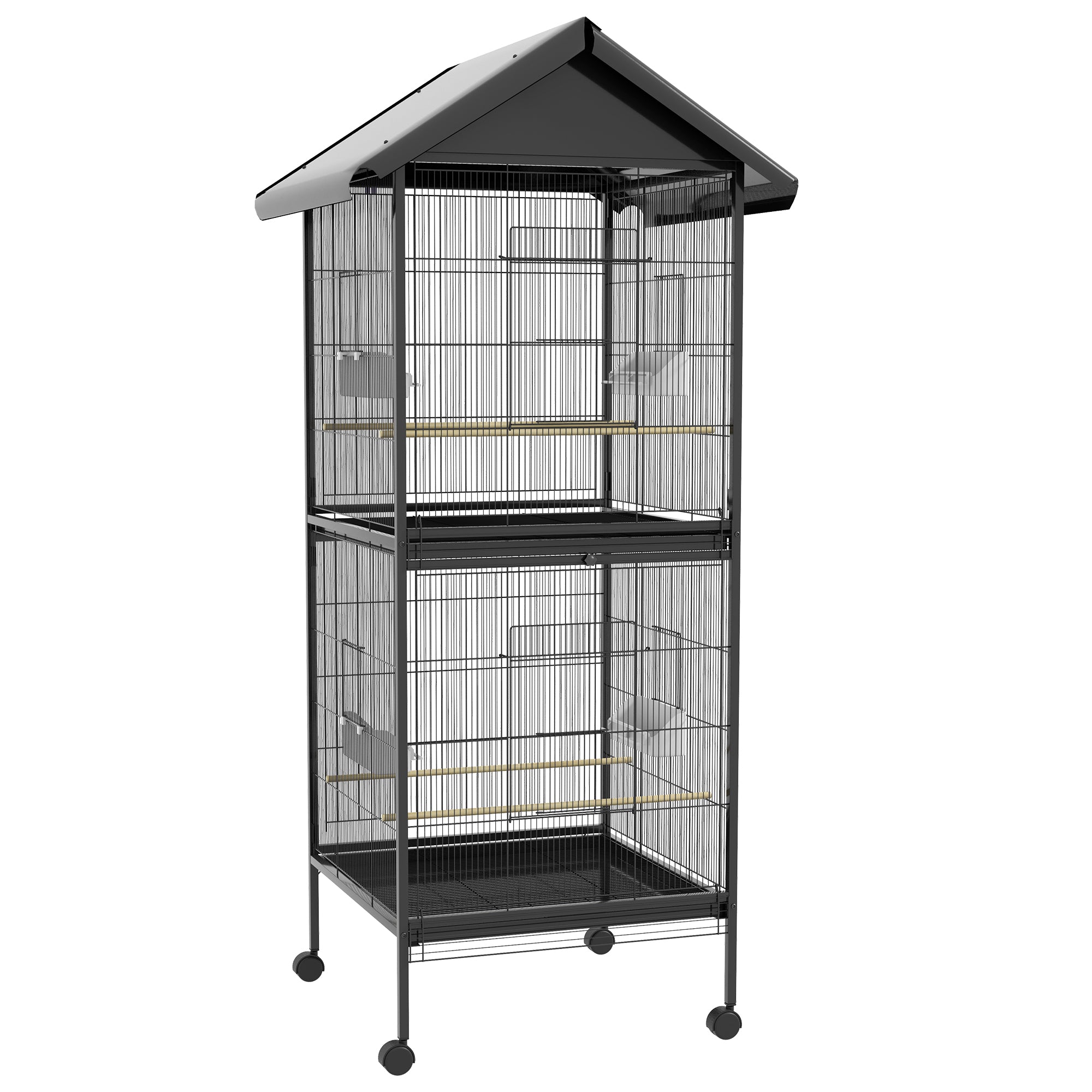 2-in-1 Large Bird Cage with 2 Floors Convertible into a Single Birdcage with 4 Feeders, 4 Perches, and Removable Trays for Canaries, Parrots 78x75x168 cm Black