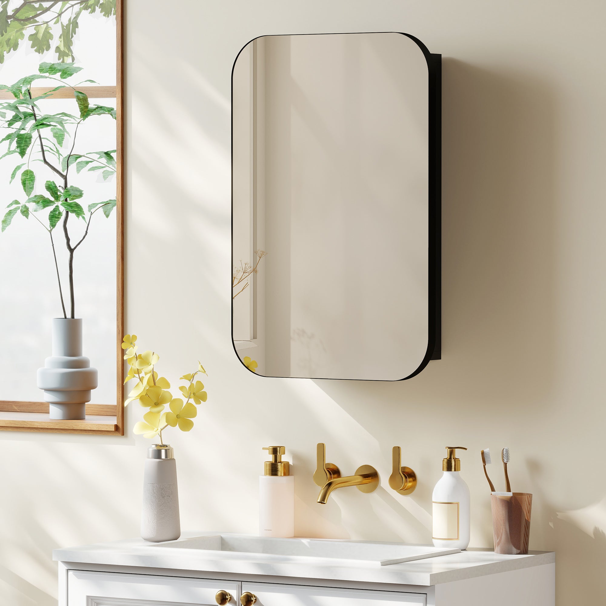Bathroom Mirrored Cabinet, Wall-Mounted Black Medicine Cabinet with Adjustable Shelves and Soft-Close Door, 15.7 x 3.9 x 23.6 in