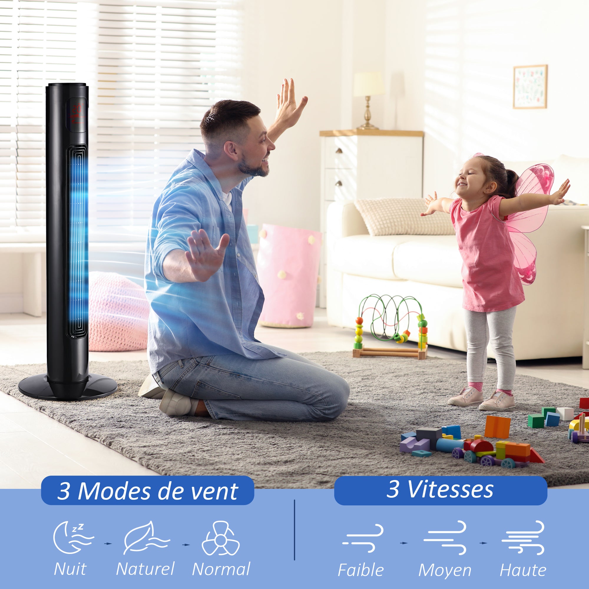 Silent 45W Tower Fan, Standing Fan for Bedroom with 3 Modes 3 Speeds, Remote Control, 70° Oscillation, Timer and LED Display, 96 cm Black