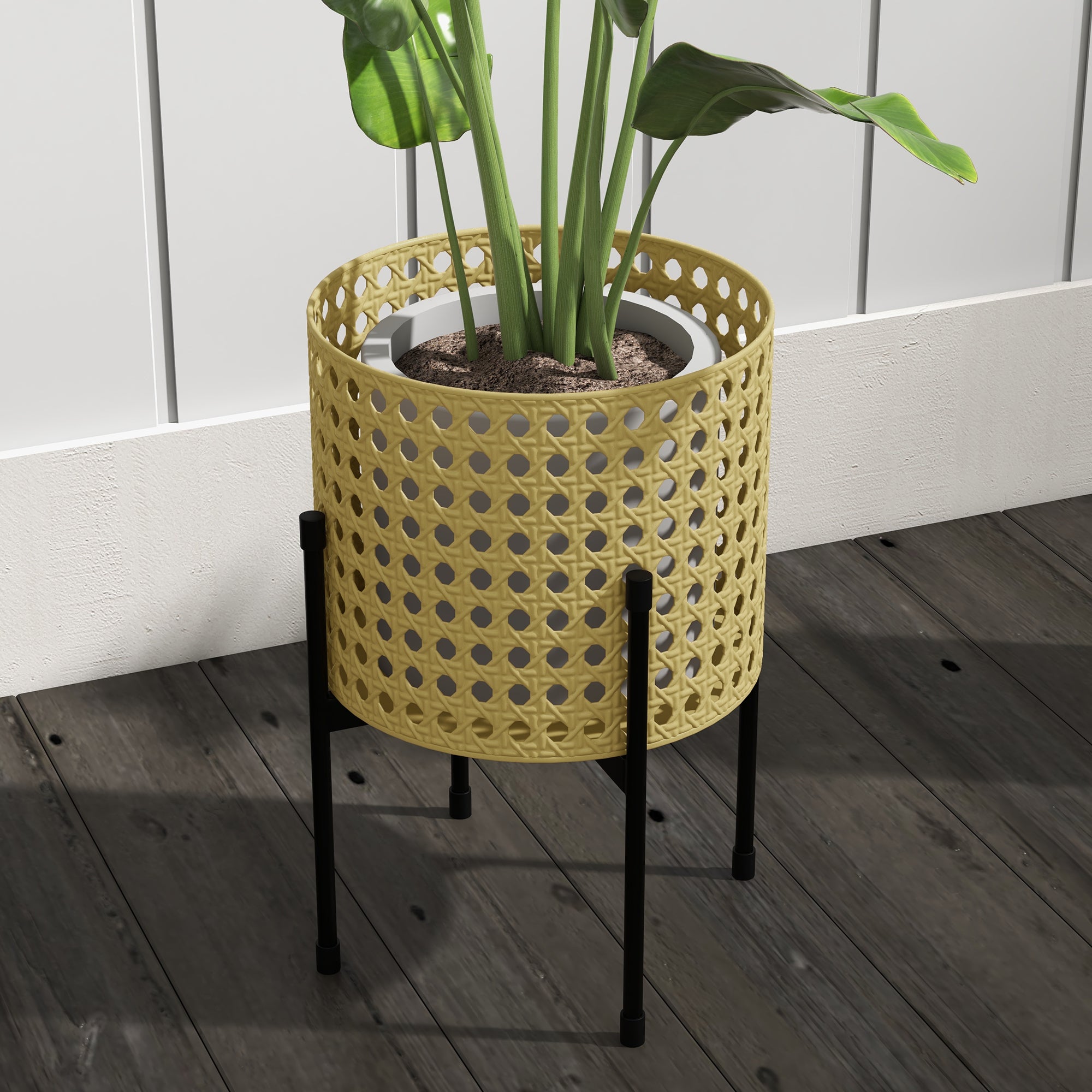 3-Piece Plant Stand Set Flower Stands with Rattan Look Plant Stools Flower Stools for Indoor and Outdoor Spaces Steel Gold