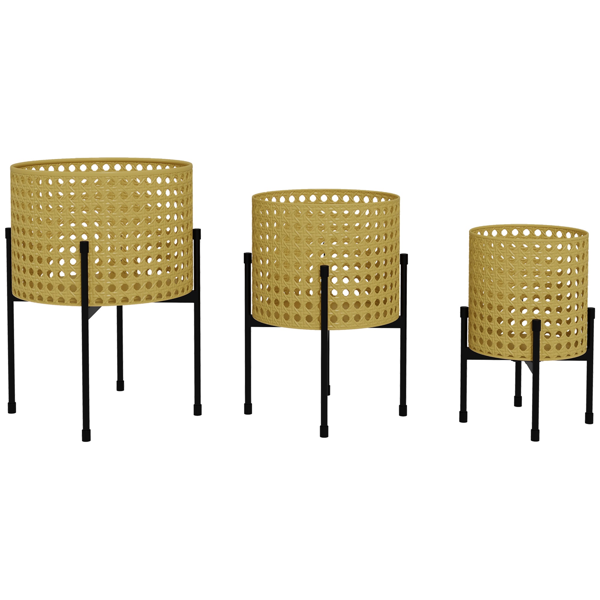 3-Piece Plant Stand Set Flower Stands with Rattan Look Plant Stools Flower Stools for Indoor and Outdoor Spaces Steel Gold