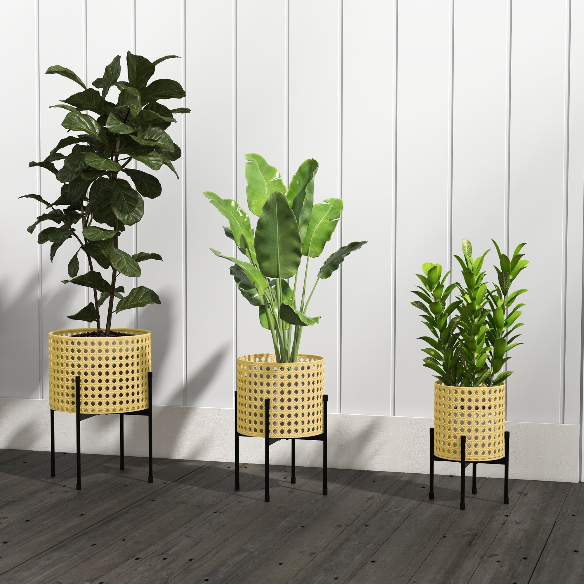 3-Piece Plant Stand Set Flower Stands with Rattan Look Plant Stools Flower Stools for Indoor and Outdoor Spaces Steel Gold
