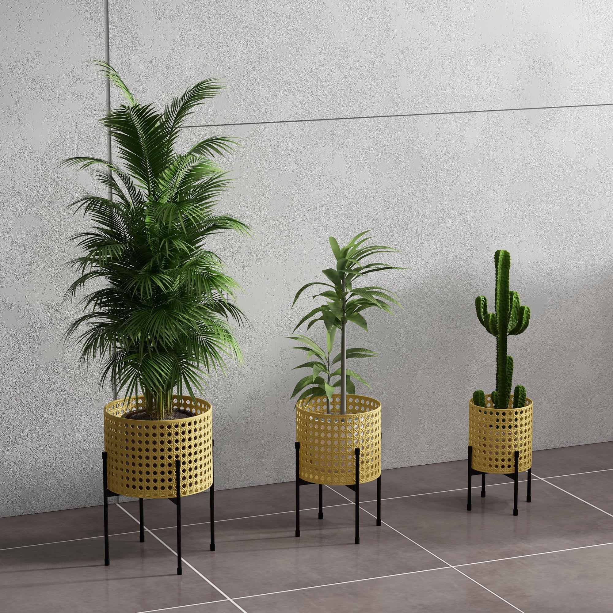3-Piece Plant Stand Set Flower Stands with Rattan Look Plant Stools Flower Stools for Indoor and Outdoor Spaces Steel Gold