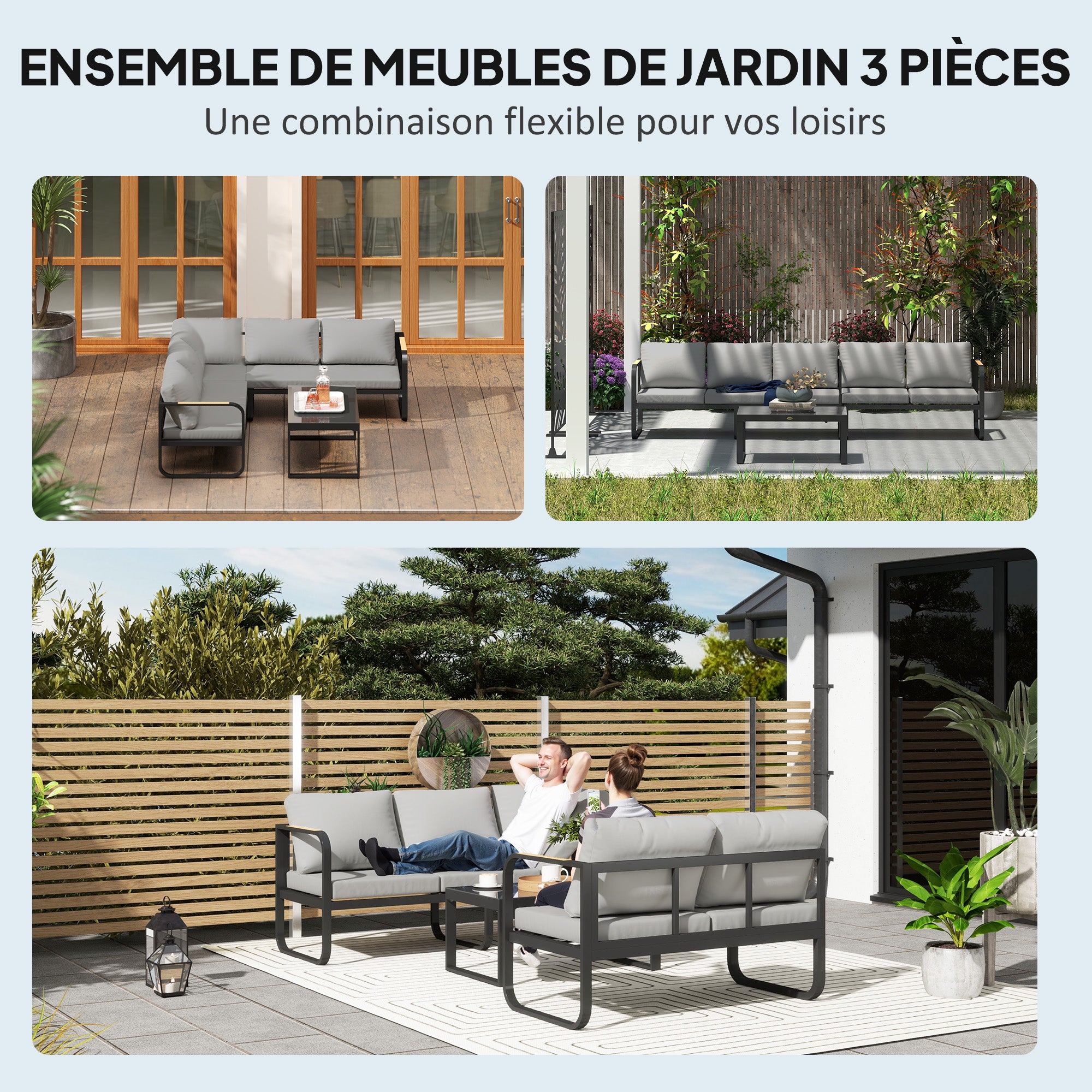 3-Piece Outdoor Garden Lounge Set, 5-Seater Corner Garden Lounge Set with Sofas and Glass Coffee Table, 5 Adjustable Positions, Cushions, Garden Terrace Furniture, Gray