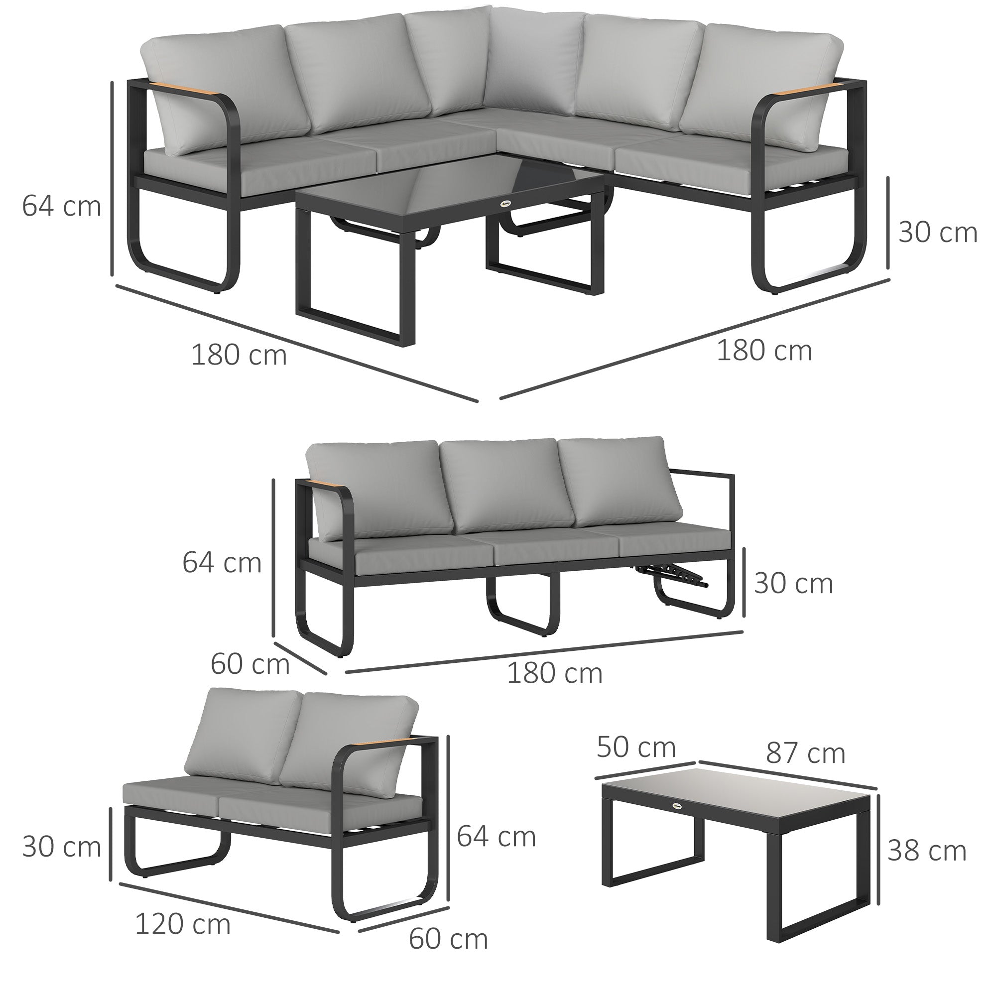 3-Piece Outdoor Garden Lounge Set, 5-Seater Corner Garden Lounge Set with Sofas and Glass Coffee Table, 5 Adjustable Positions, Cushions, Garden Terrace Furniture, Gray