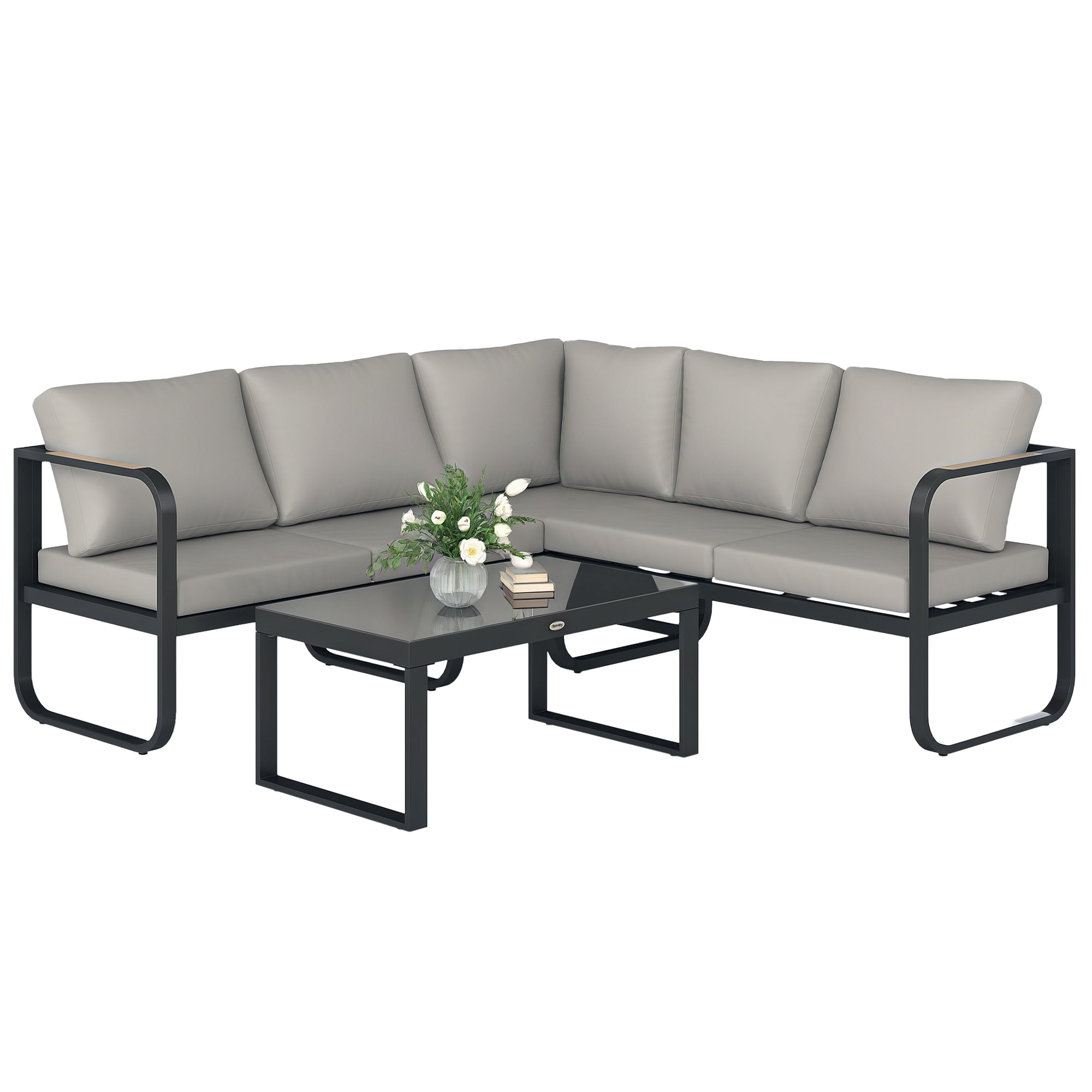 3-Piece Outdoor Garden Lounge Set, 5-Seater Corner Garden Lounge Set with Sofas and Glass Coffee Table, 5 Adjustable Positions, Cushions, Garden Terrace Furniture, Gray