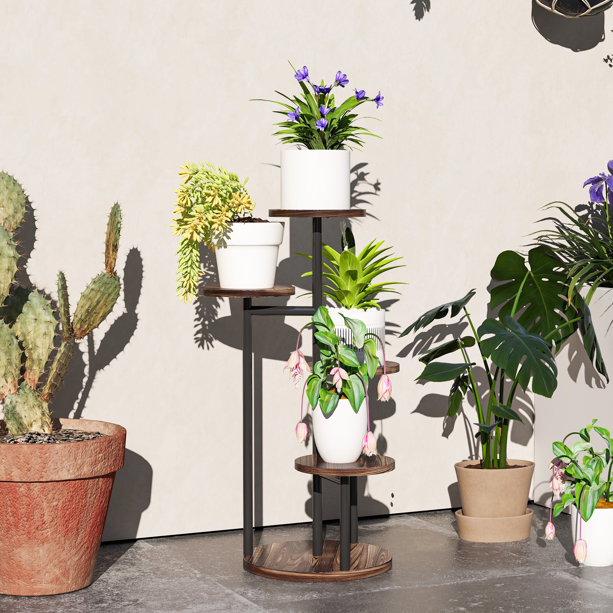 5-Tier Plant Stand Wooden and Steel Plant Holder with 5 Round Shelves Flower Pot Stand for Indoor and Outdoor 43x43x70 cm Charred