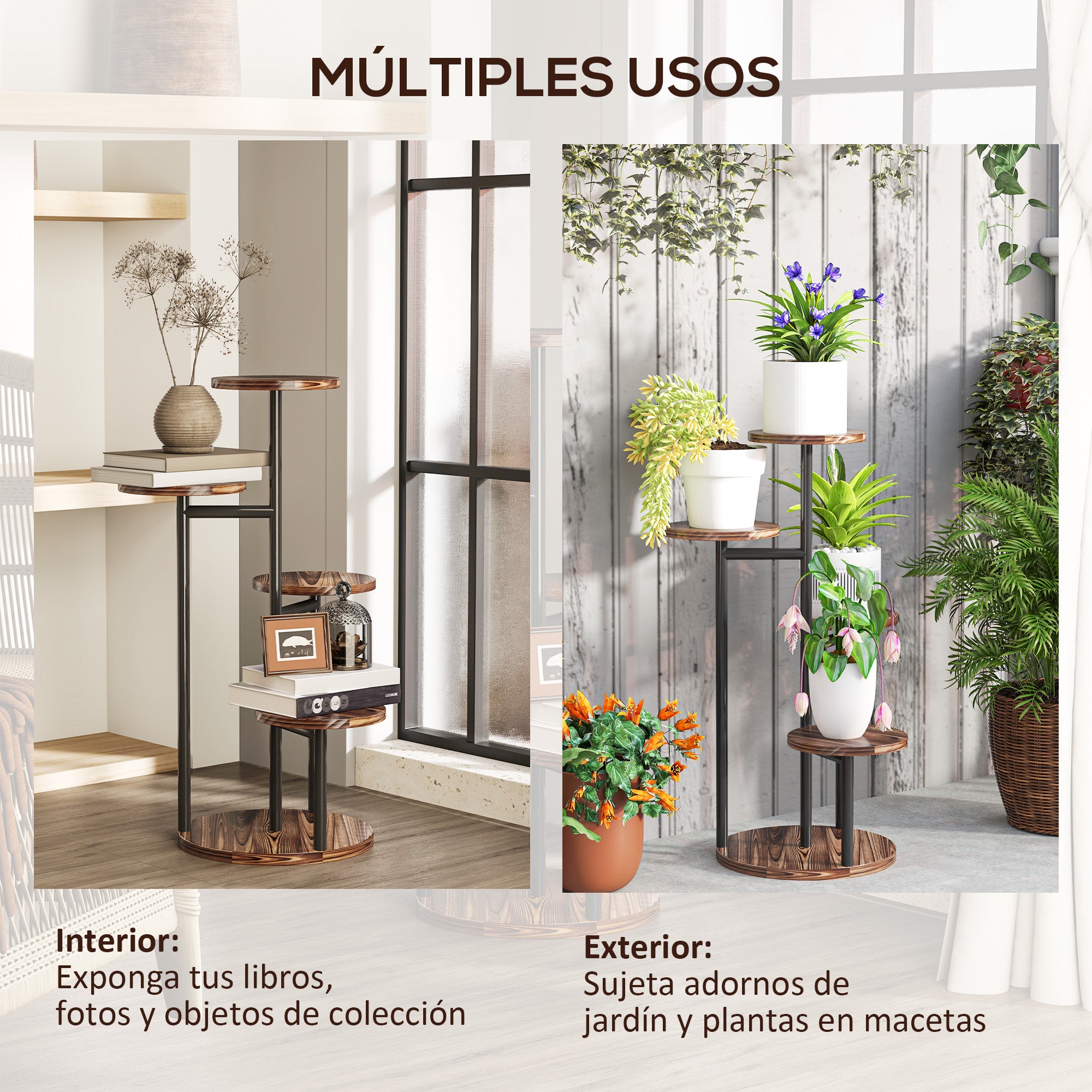5-Tier Plant Stand Wooden and Steel Plant Holder with 5 Round Shelves Flower Pot Stand for Indoor and Outdoor 43x43x70 cm Charred