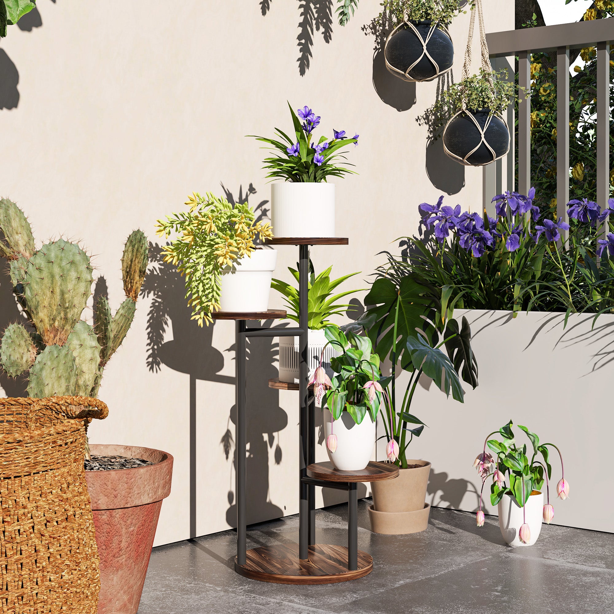5-Tier Plant Stand Wooden and Steel Plant Holder with 5 Round Shelves Flower Pot Stand for Indoor and Outdoor 43x43x70 cm Charred