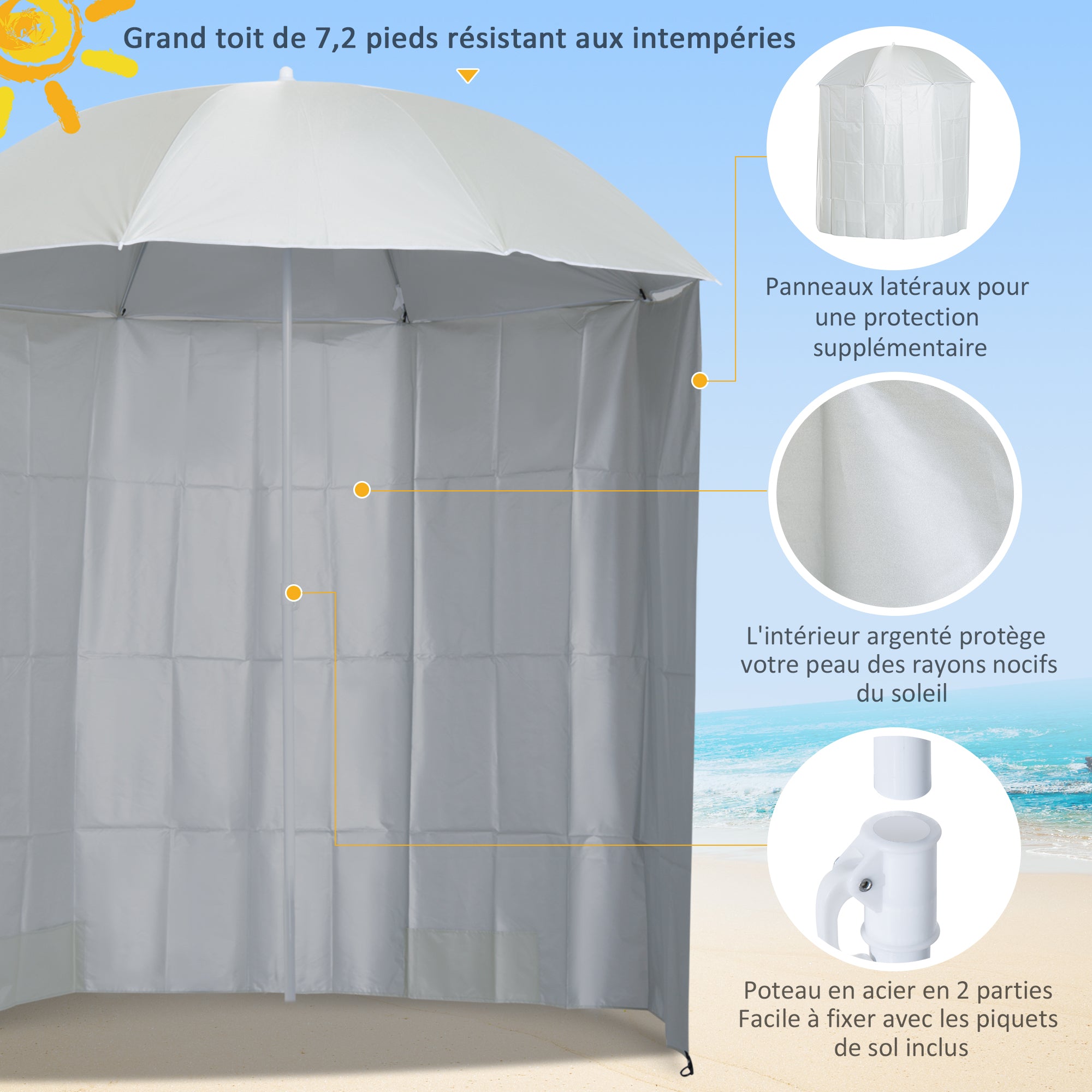 Beach Umbrella Ø 2.2 x 2.2m UV Protection Carry Bag, Stakes, and Weights Integrated Cream