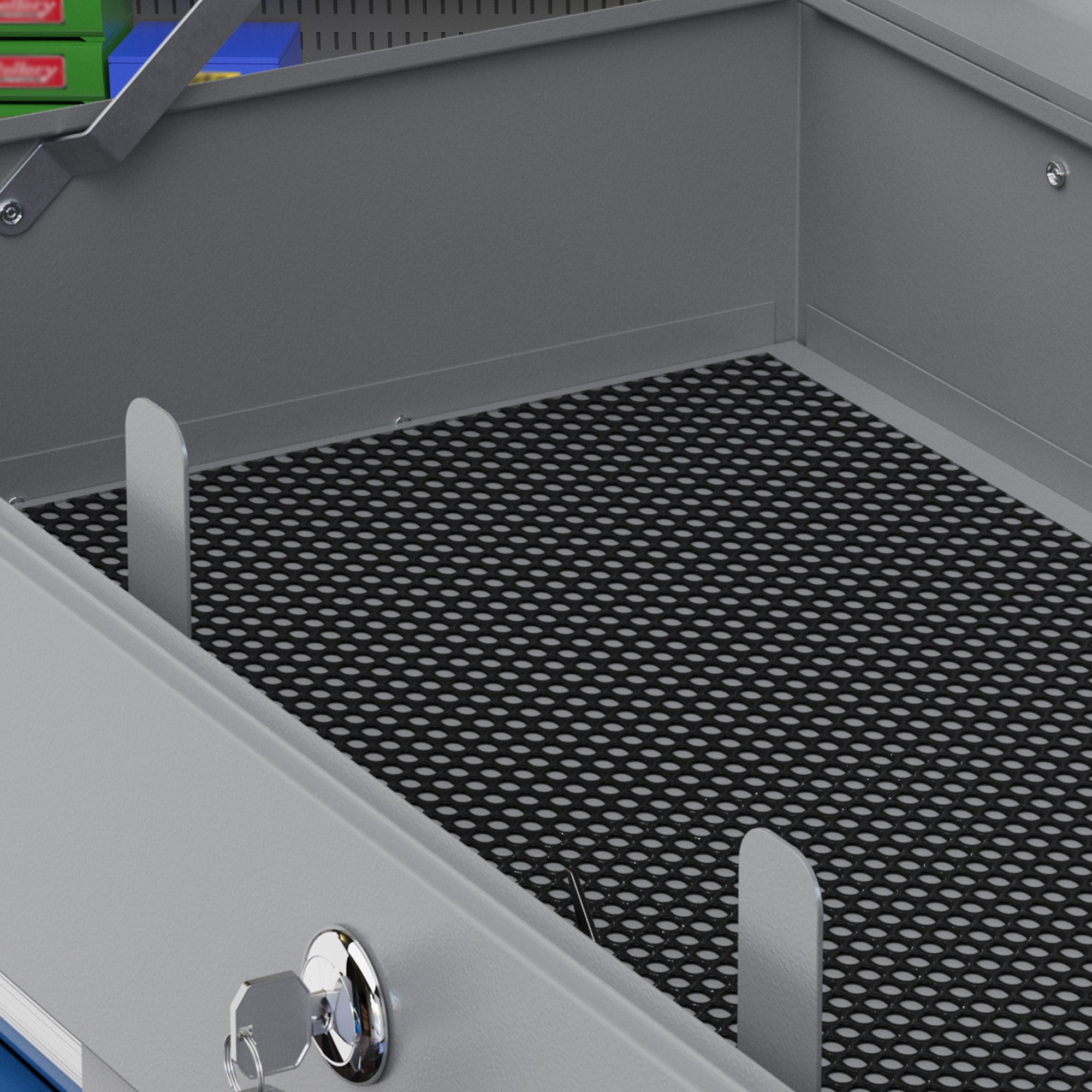 Metal Toolbox with 6 Drawers and 1 Upper Tray, Lockable with 2 Provided Keys, 2 Handles, Blue