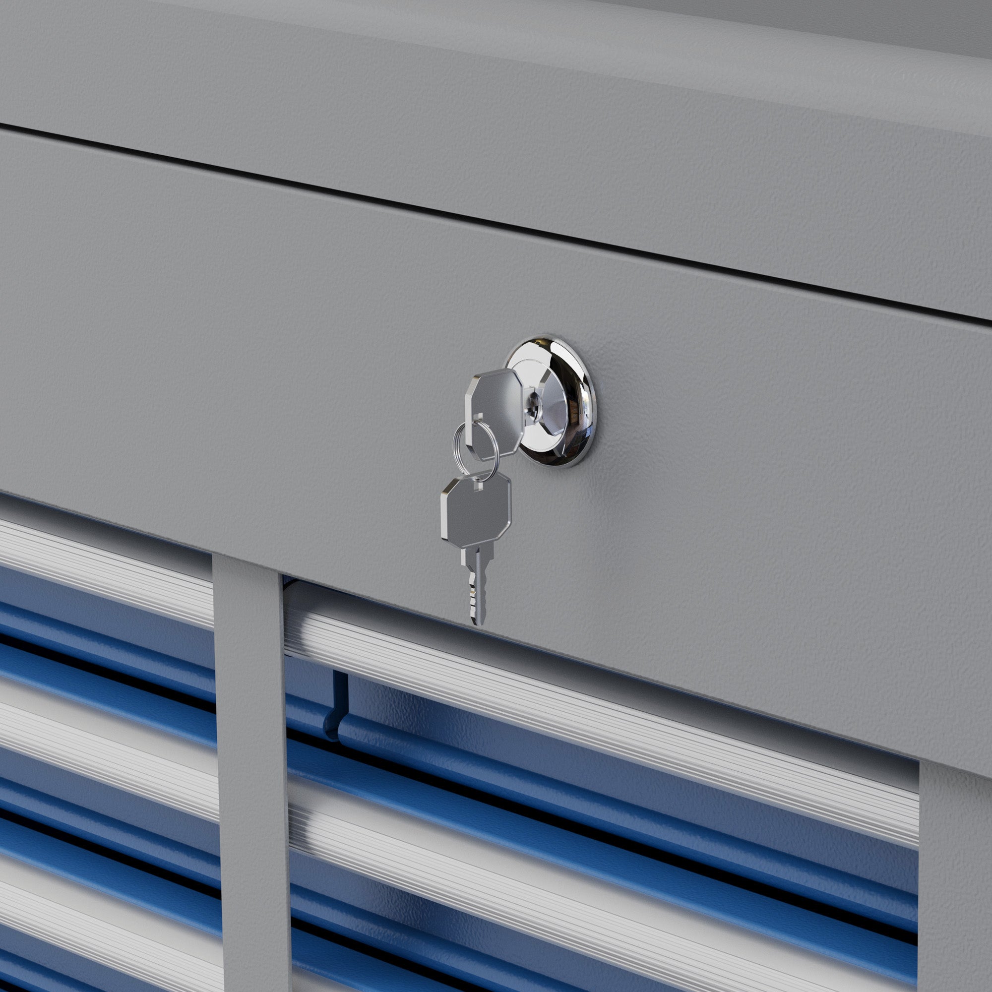 Metal Toolbox with 6 Drawers and 1 Upper Tray, Lockable with 2 Provided Keys, 2 Handles, Blue