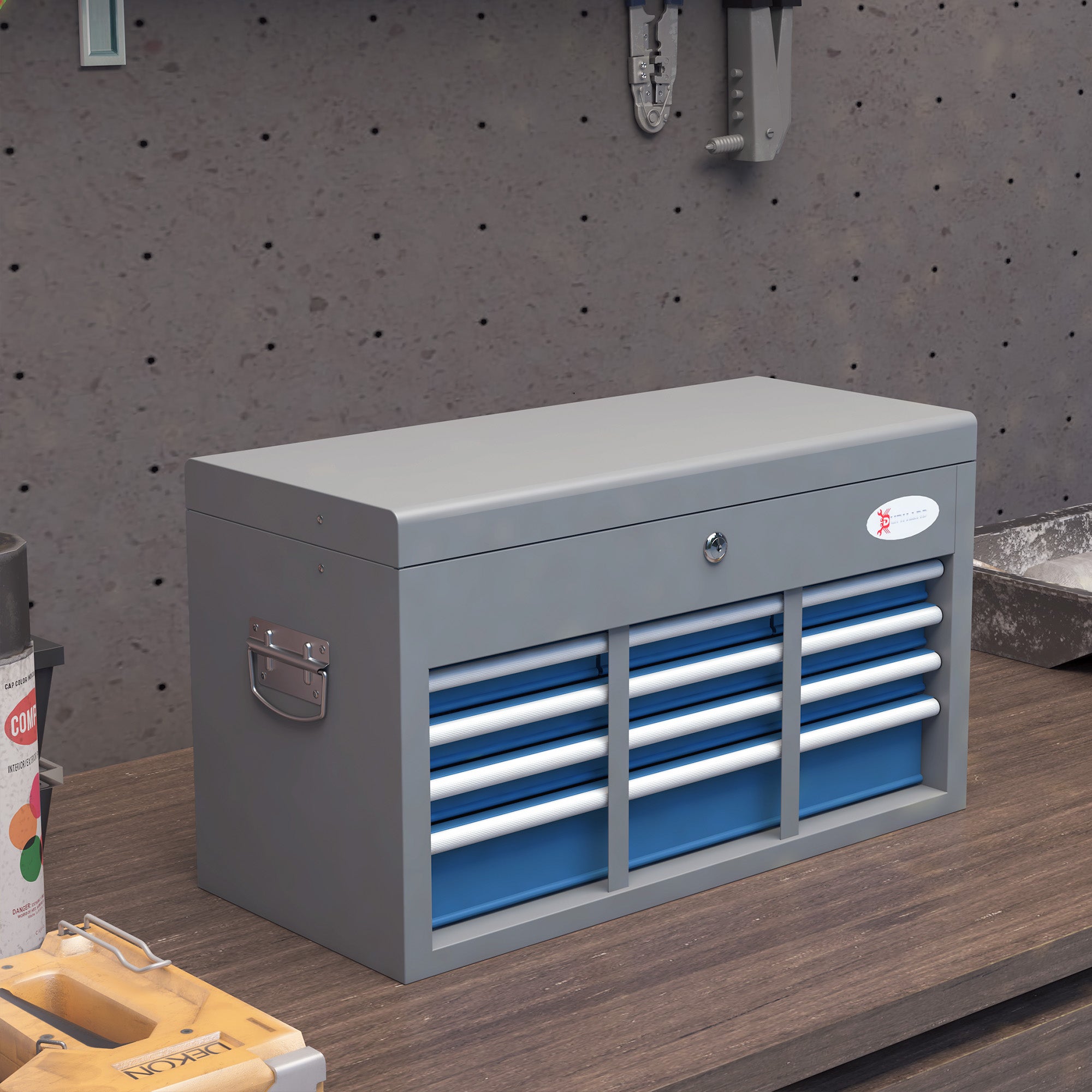 Metal Toolbox with 6 Drawers and 1 Upper Tray, Lockable with 2 Provided Keys, 2 Handles, Blue