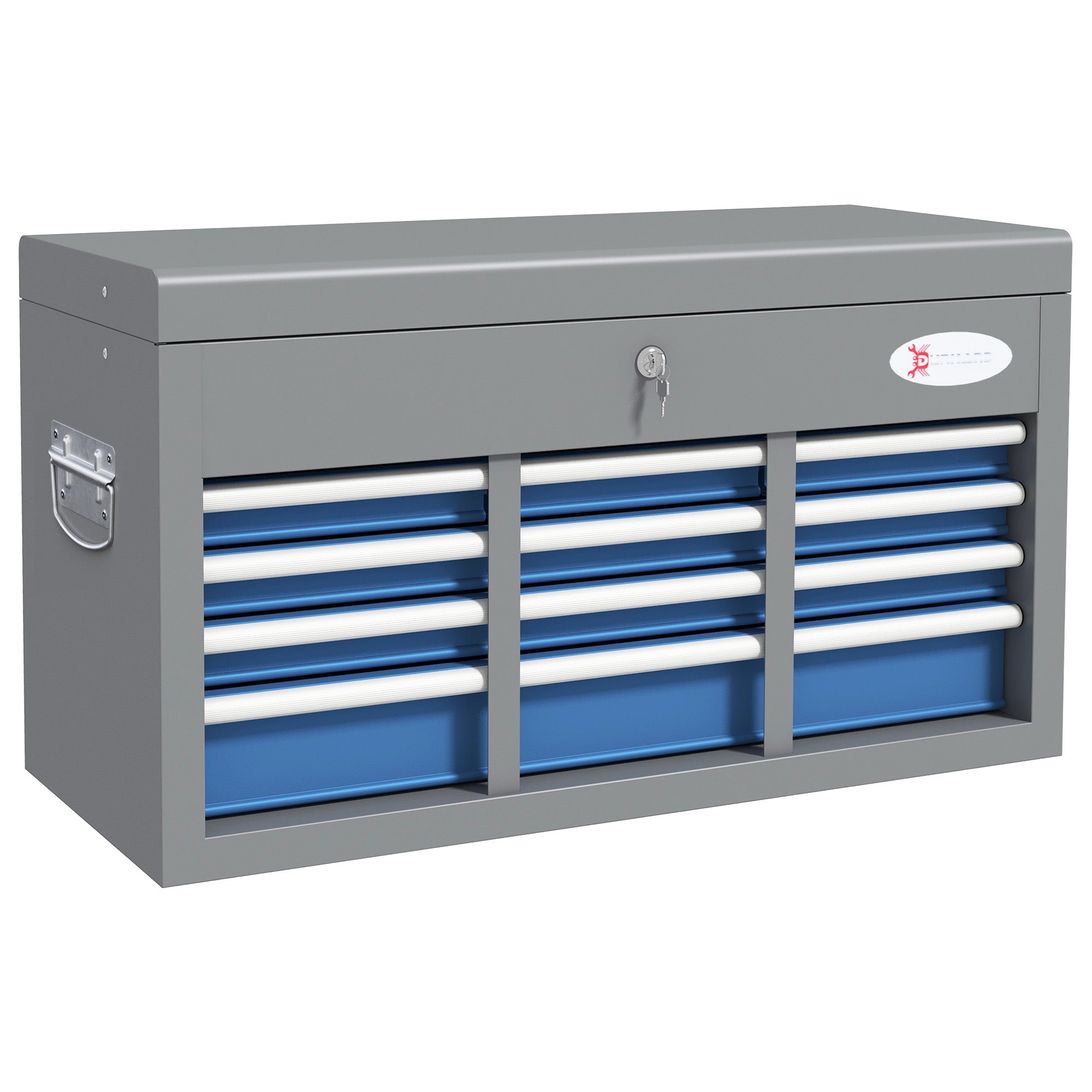 Metal Toolbox with 6 Drawers and 1 Upper Tray, Lockable with 2 Provided Keys, 2 Handles, Blue
