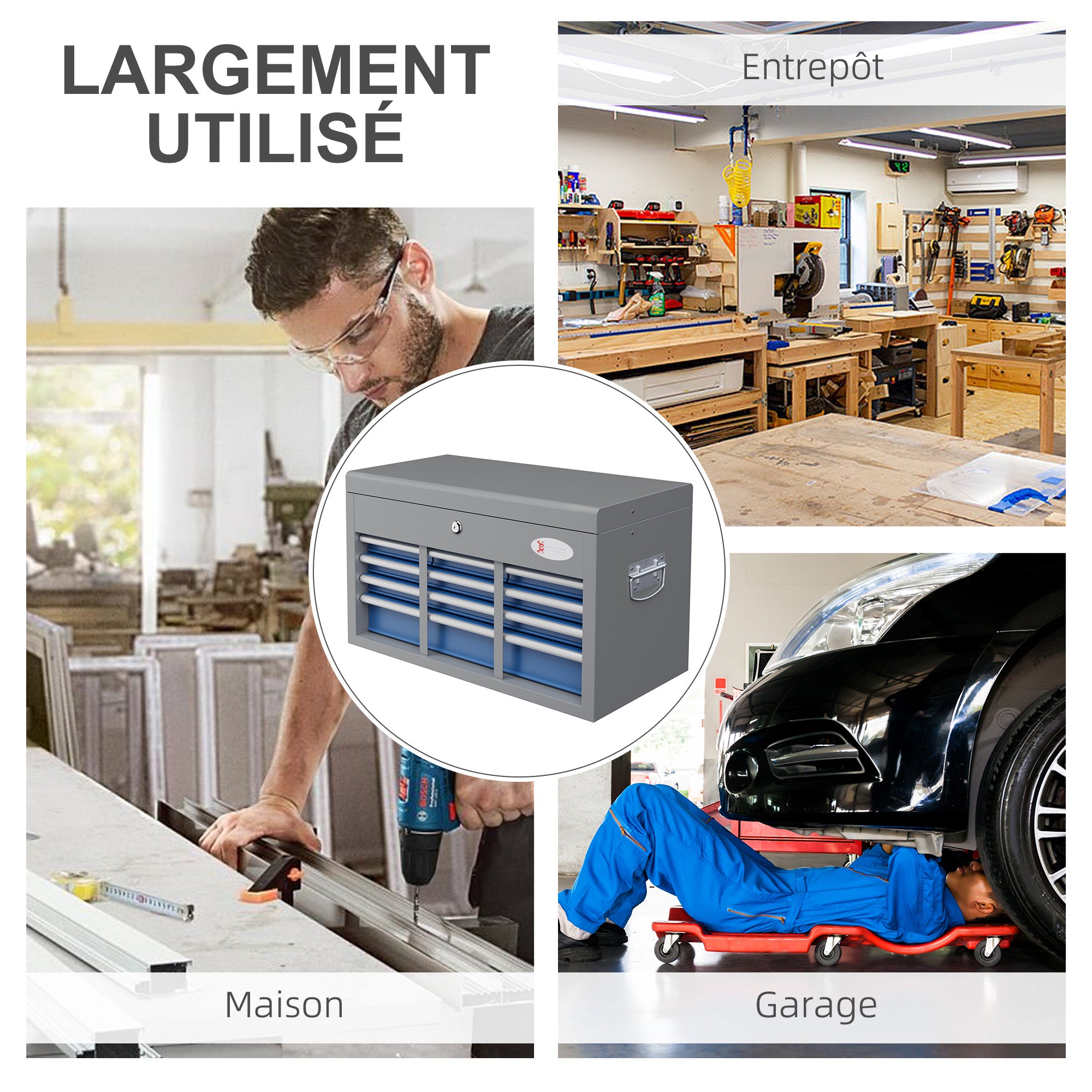 Metal Toolbox with 6 Drawers and 1 Upper Tray, Lockable with 2 Provided Keys, 2 Handles, Blue