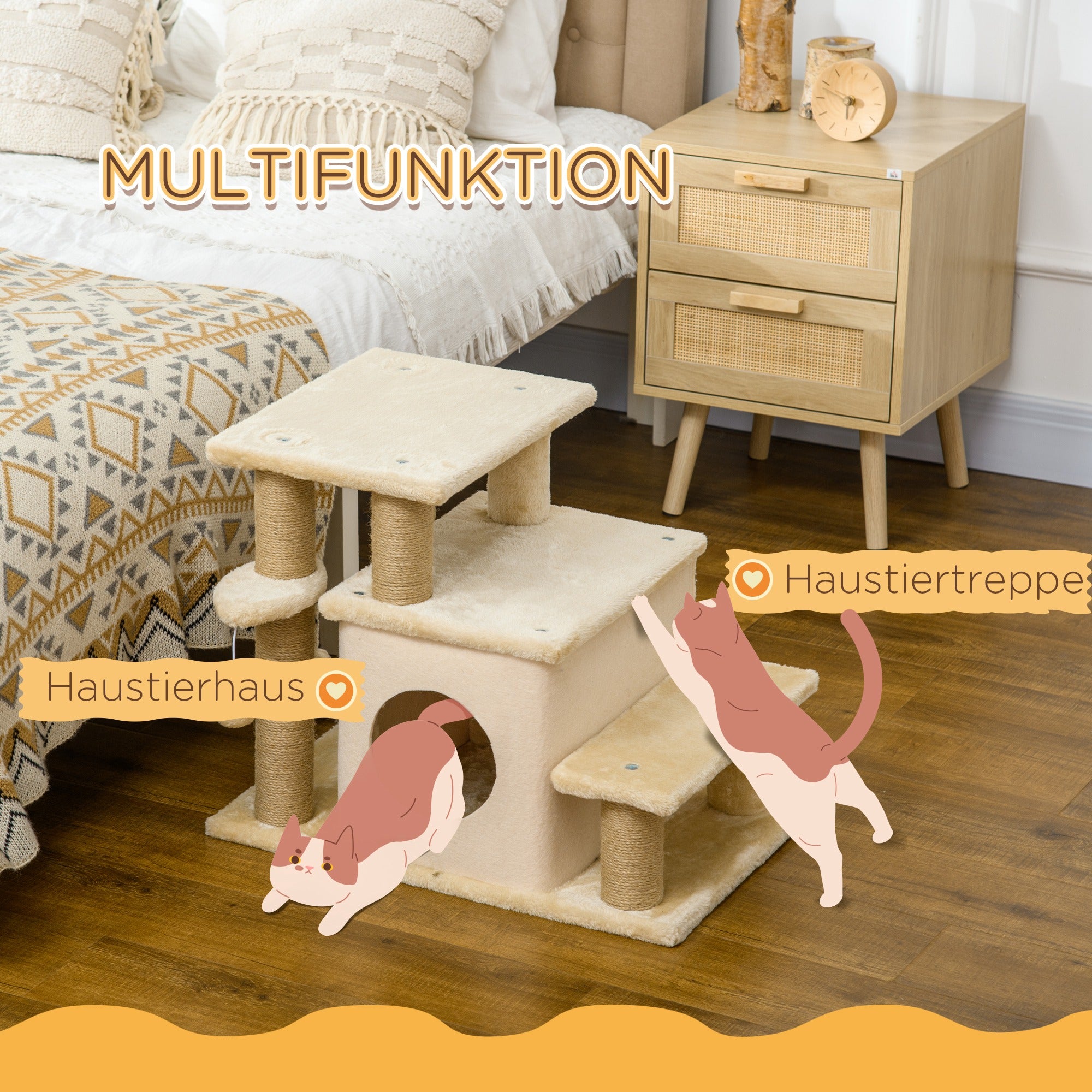 Dog Stairs 3/4 Steps 66 cm High Pet Stairs with Sleeping Den, Ramp, Play Ball, Cat Stairs for medium-sized Cat Dog Ramp Accessory for Bed, Sofa, Couch, Beige