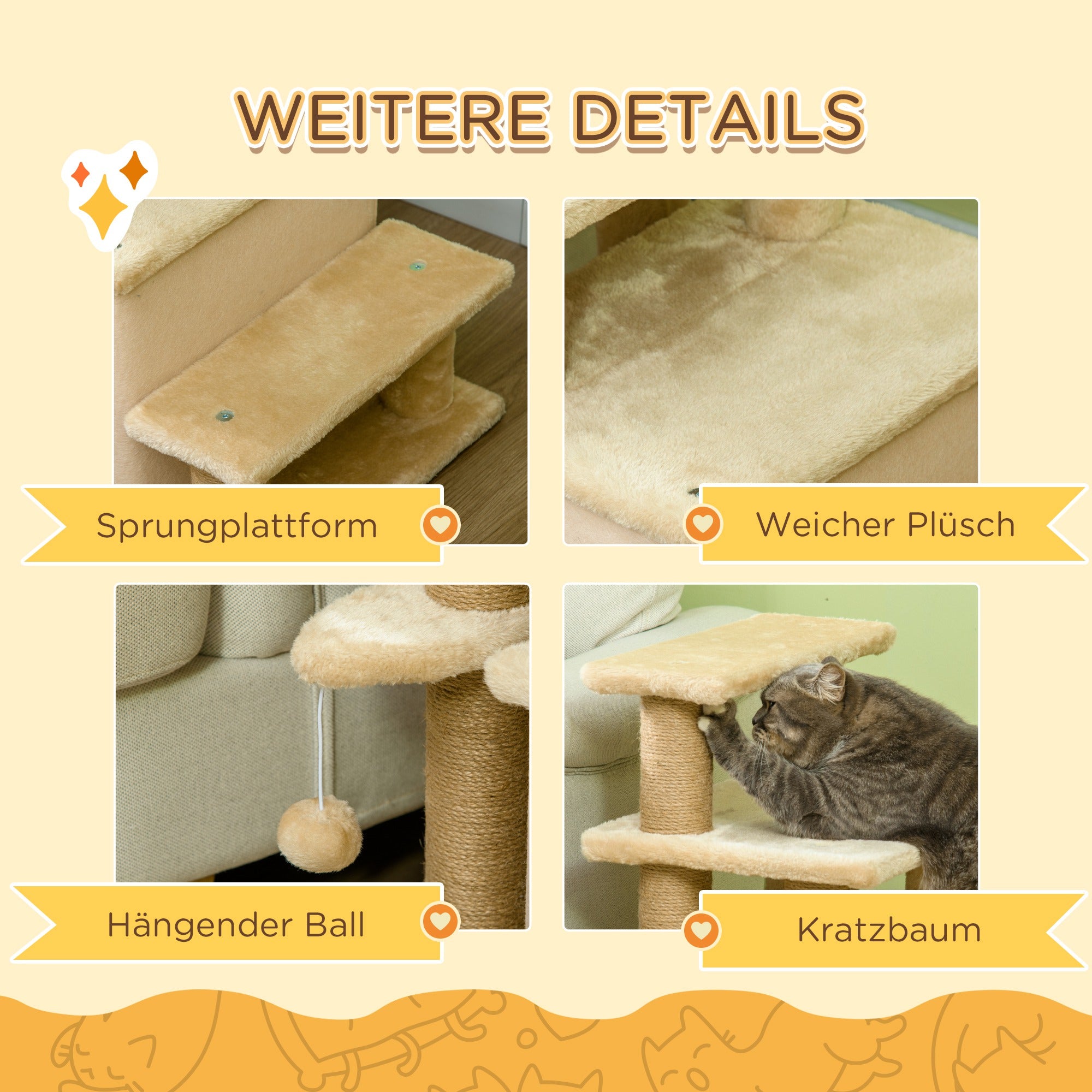 Dog Stairs 3/4 Steps 66 cm High Pet Stairs with Sleeping Den, Ramp, Play Ball, Cat Stairs for medium-sized Cat Dog Ramp Accessory for Bed, Sofa, Couch, Beige