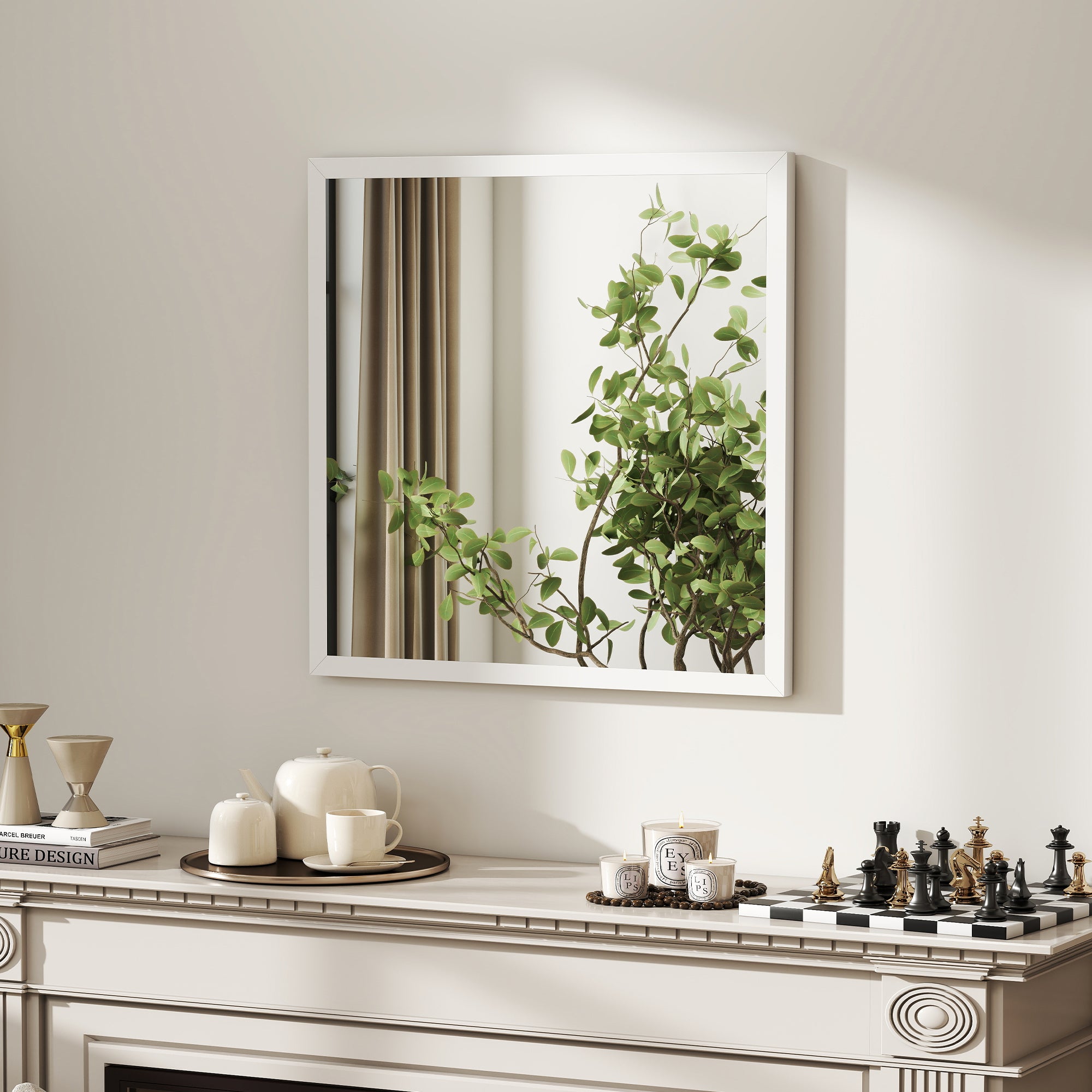 Square Wall Mirror 19.7 x 19.7 in (50 x 50 cm) — White MDF Frame, Ideal for Bathroom, Living Room & Bedroom