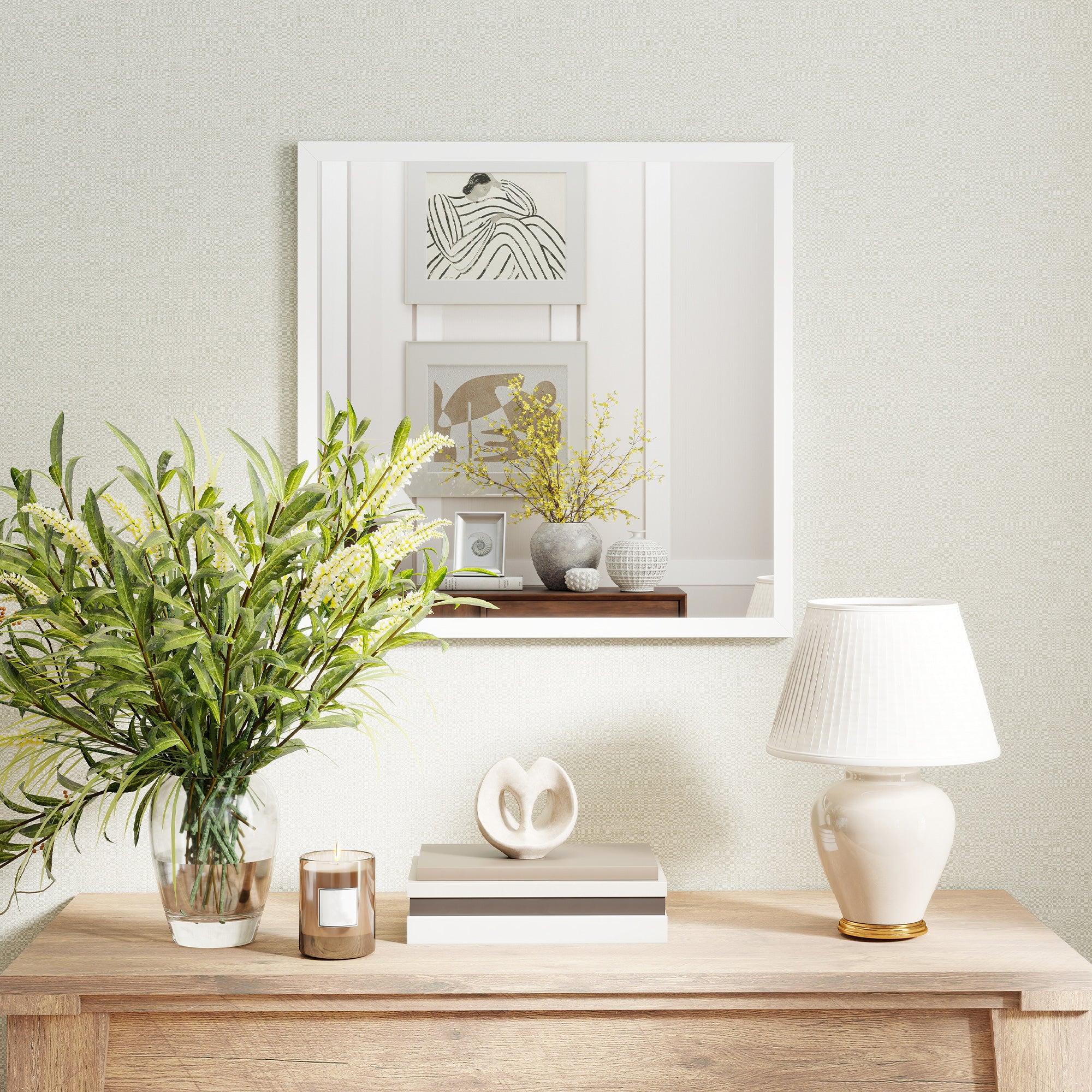 Square Wall Mirror 19.7 x 19.7 in (50 x 50 cm) — White MDF Frame, Ideal for Bathroom, Living Room & Bedroom
