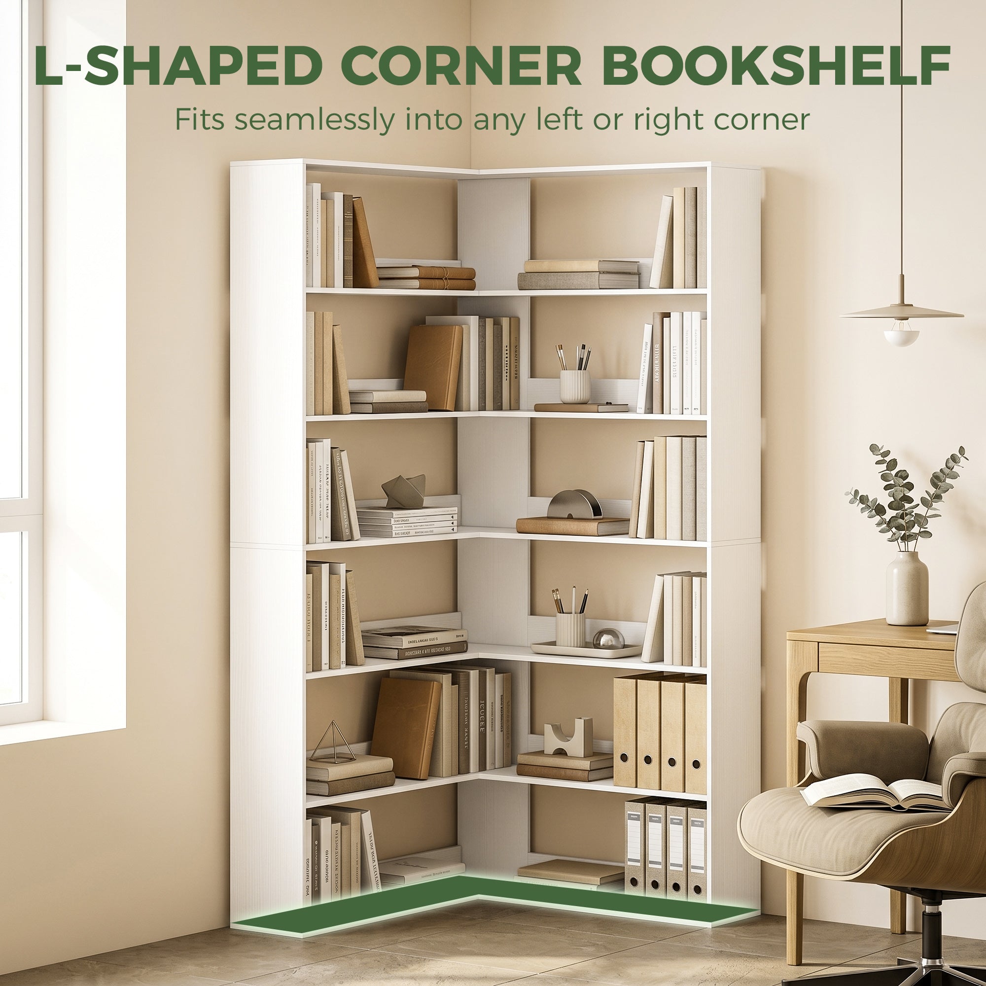 7-Tier L-Shaped Corner Bookcase, White Wood-Effect, Non-Slip 2.8 in Back Lip, 35.4 x 35.4 x 70.9 in