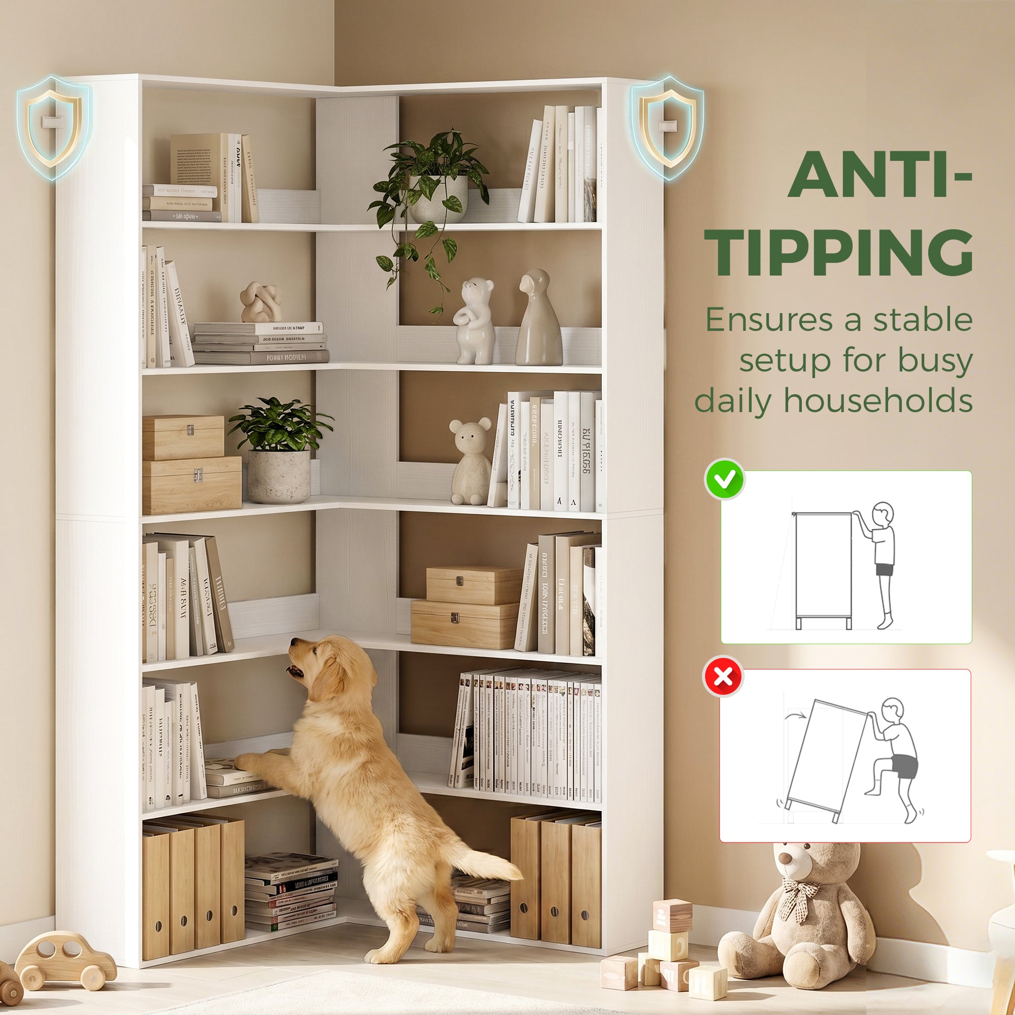 7-Tier L-Shaped Corner Bookcase, White Wood-Effect, Non-Slip 2.8 in Back Lip, 35.4 x 35.4 x 70.9 in