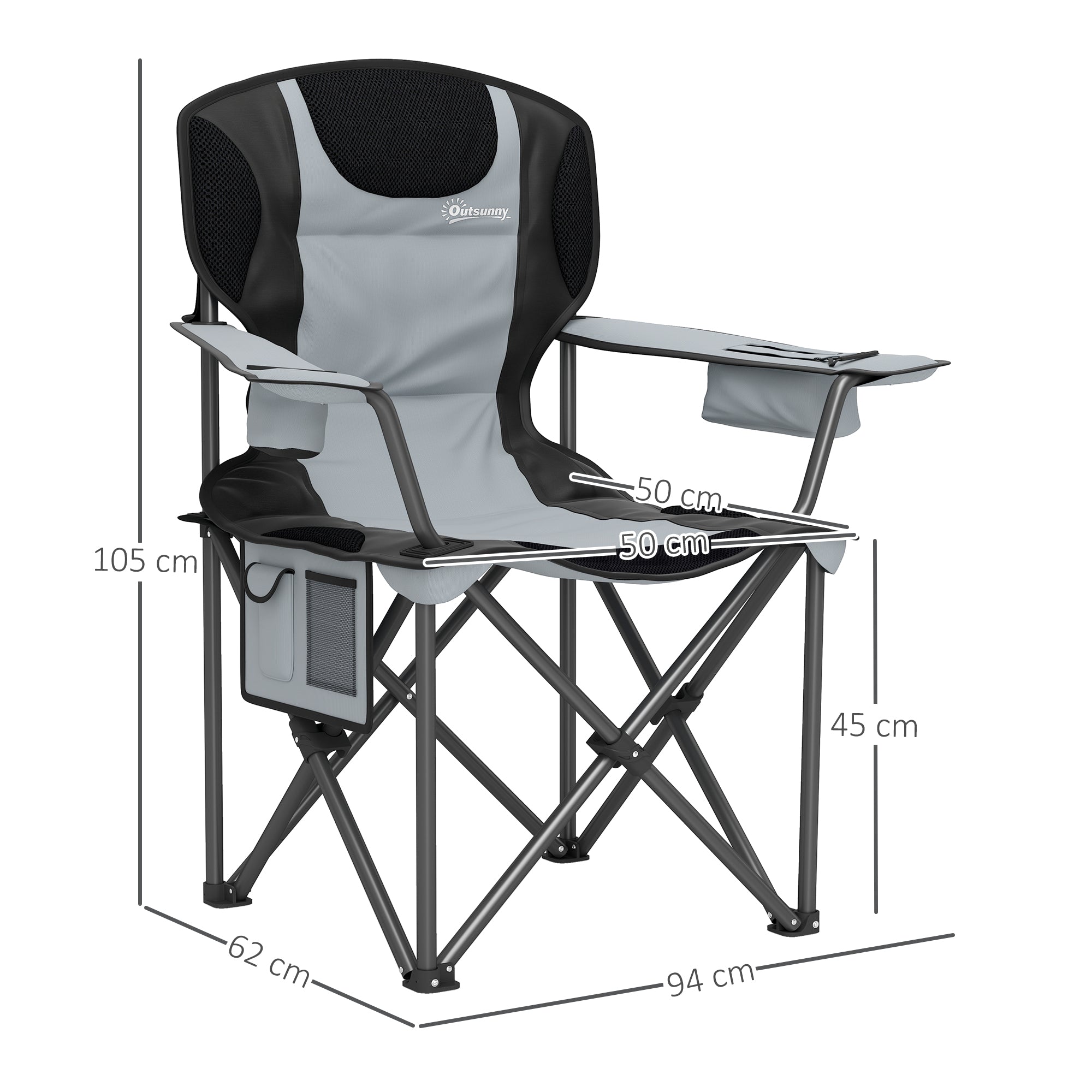 Folding Camping Chair, Padded Fishing Chair, Adjustable Armrests, Cup Holders, Side Pockets, and Cooling Bag, Foldable Chair for Hiking, Fishing, and Picnic, Gray