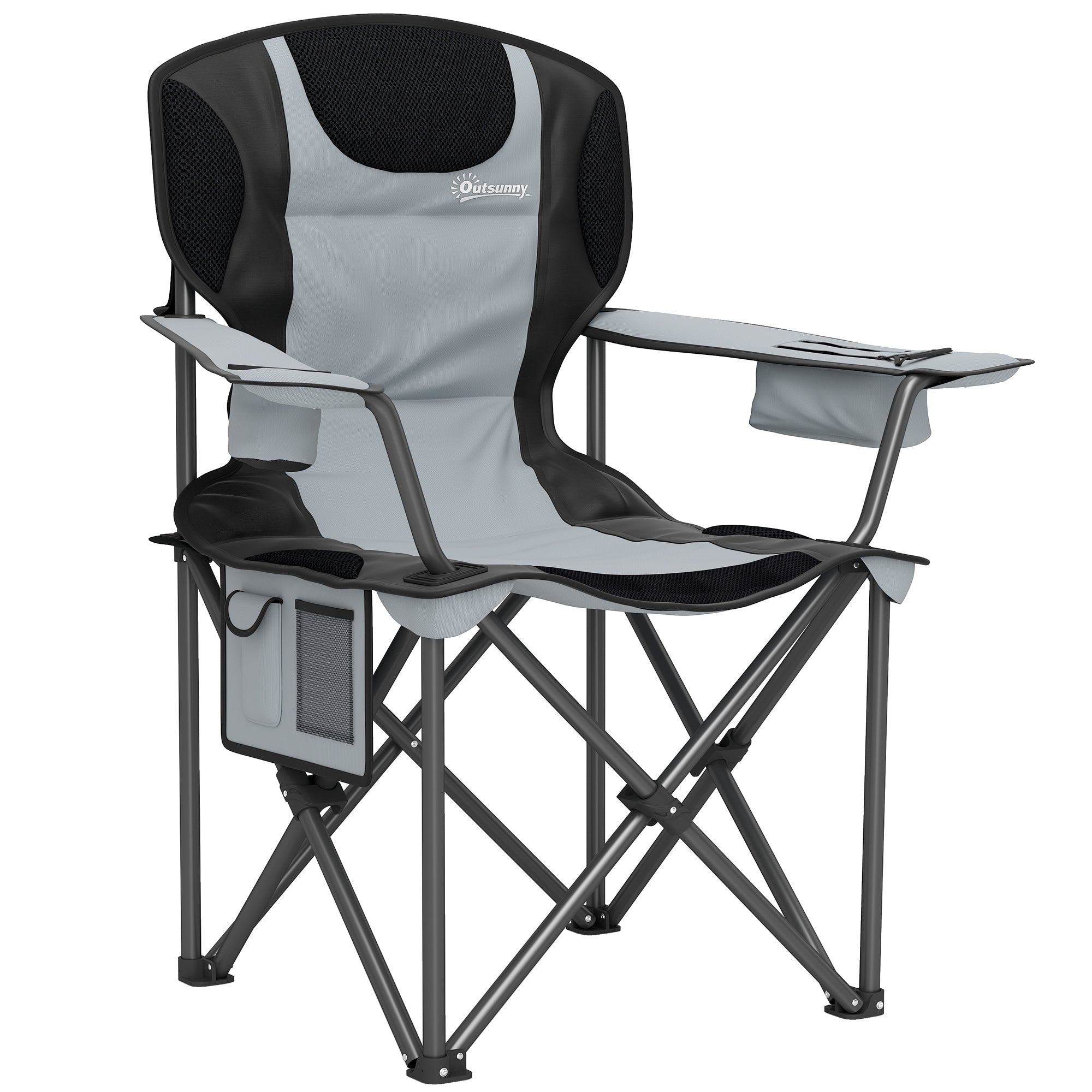 Folding Camping Chair, Padded Fishing Chair, Adjustable Armrests, Cup Holders, Side Pockets, and Cooling Bag, Foldable Chair for Hiking, Fishing, and Picnic, Gray