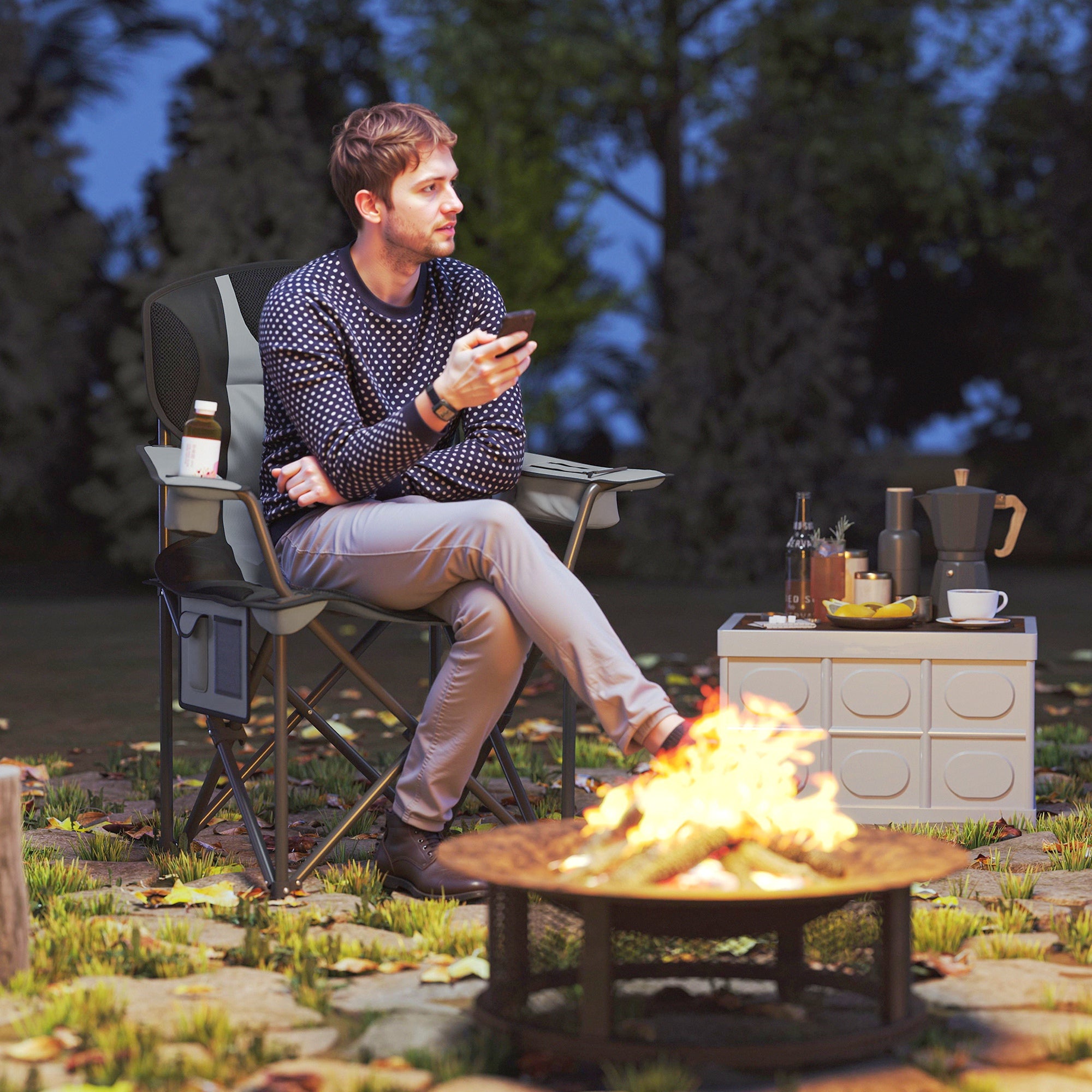 Folding Camping Chair, Padded Fishing Chair, Adjustable Armrests, Cup Holders, Side Pockets, and Cooling Bag, Foldable Chair for Hiking, Fishing, and Picnic, Gray