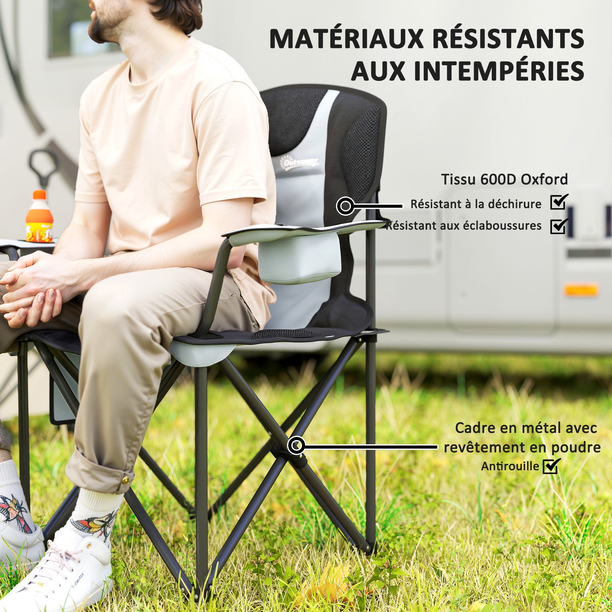 Folding Camping Chair, Padded Fishing Chair, Adjustable Armrests, Cup Holders, Side Pockets, and Cooling Bag, Foldable Chair for Hiking, Fishing, and Picnic, Gray