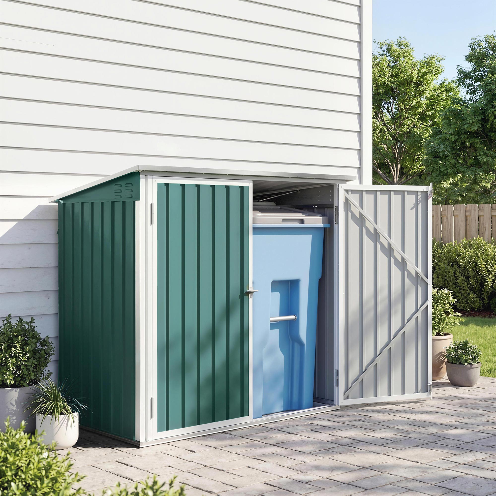 Lockable Steel Bin Storage Box for 2 Bins – Double Doors & Gas-Lift Lid, Ventilated, Green (179.5 x 108 x 129.5/113 cm)