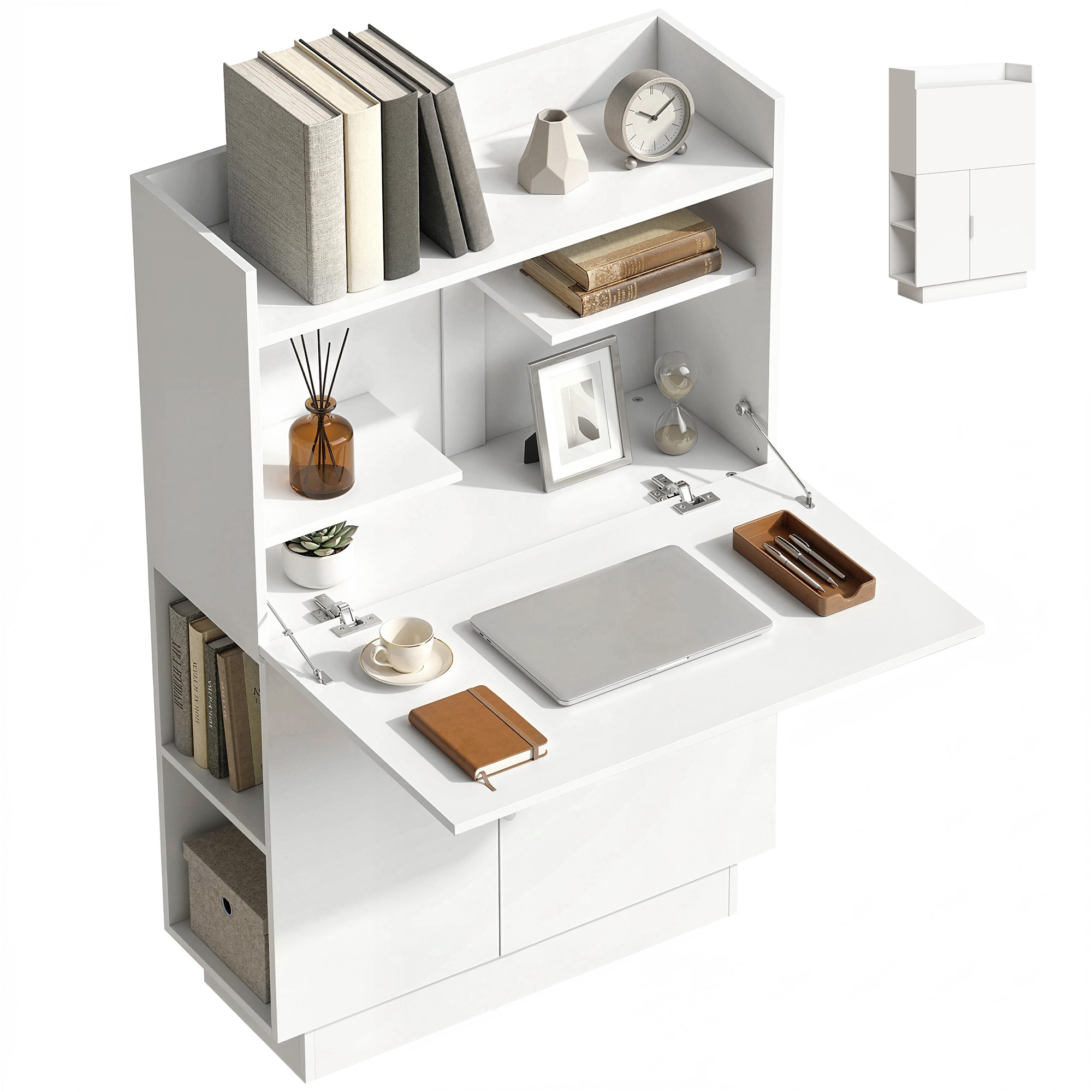 Folding Desk with Shelves & Cabinet, 31.5 x 11.8 x 50.4 in, Modern Home Office Table, White