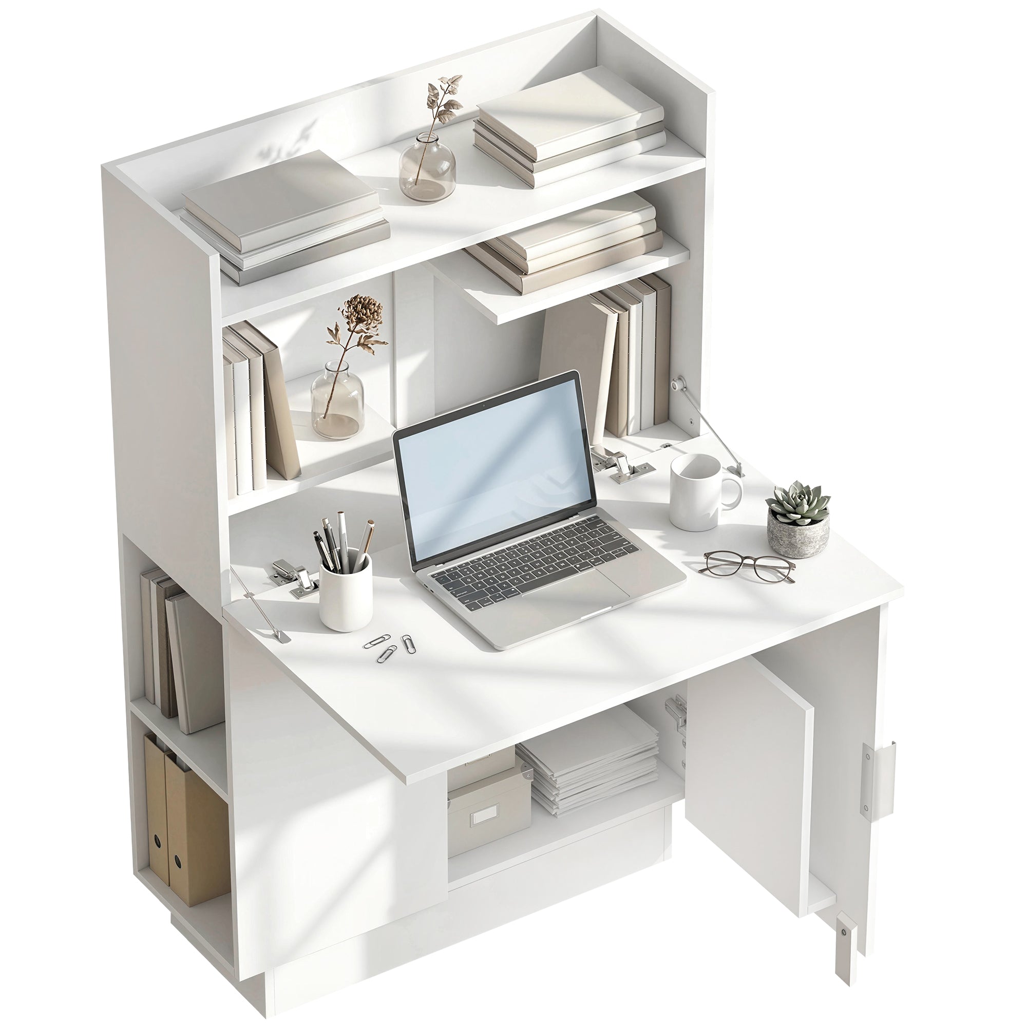 Folding Desk with Shelves & Cabinet, 31.5 x 11.8 x 50.4 in, Modern Home Office Table, White