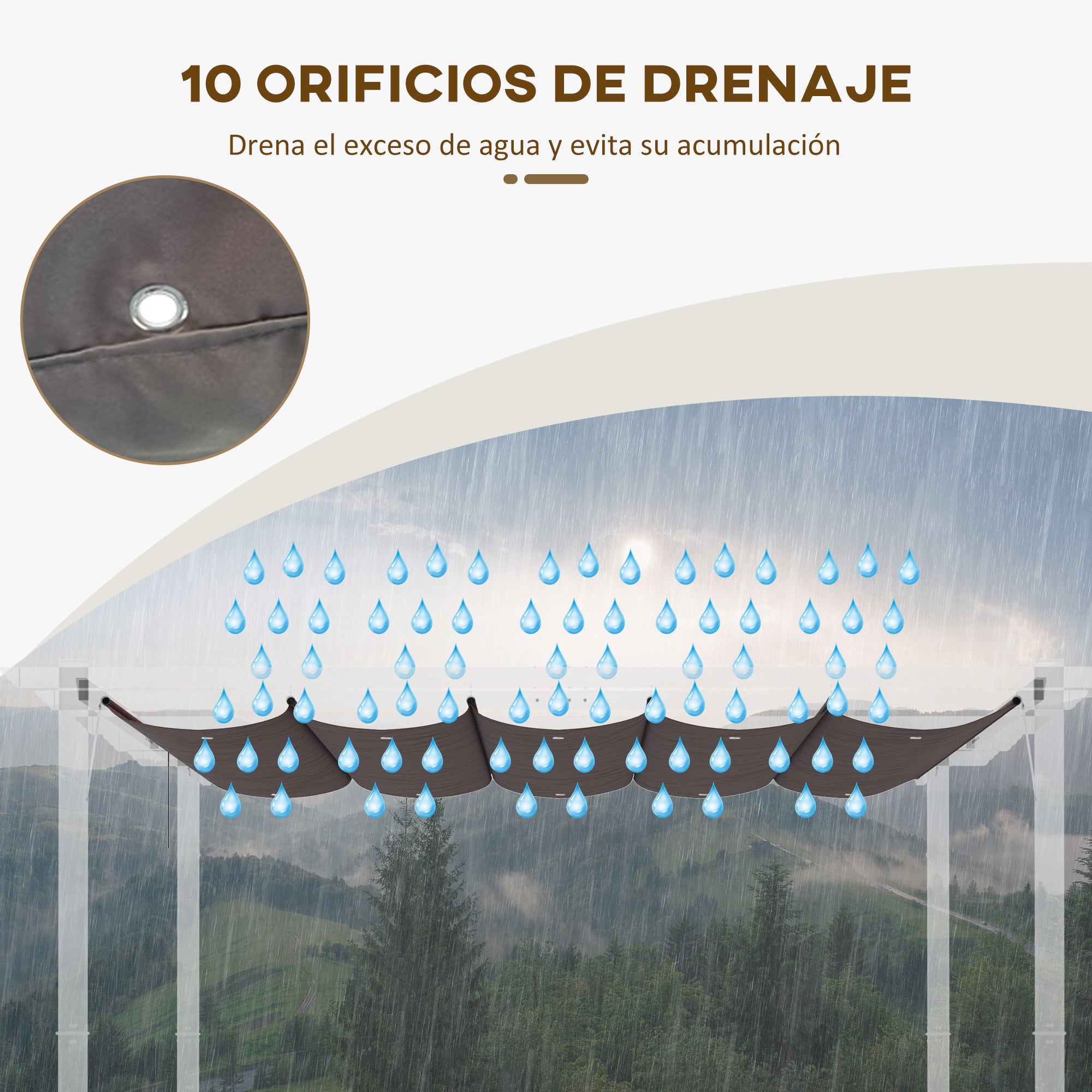 2.5x2.55m Pergola Canopy Retractable Replacement Roof for Umbrella Fabric Canopy for Garden Gazebo with 10 Drainage Holes Brown