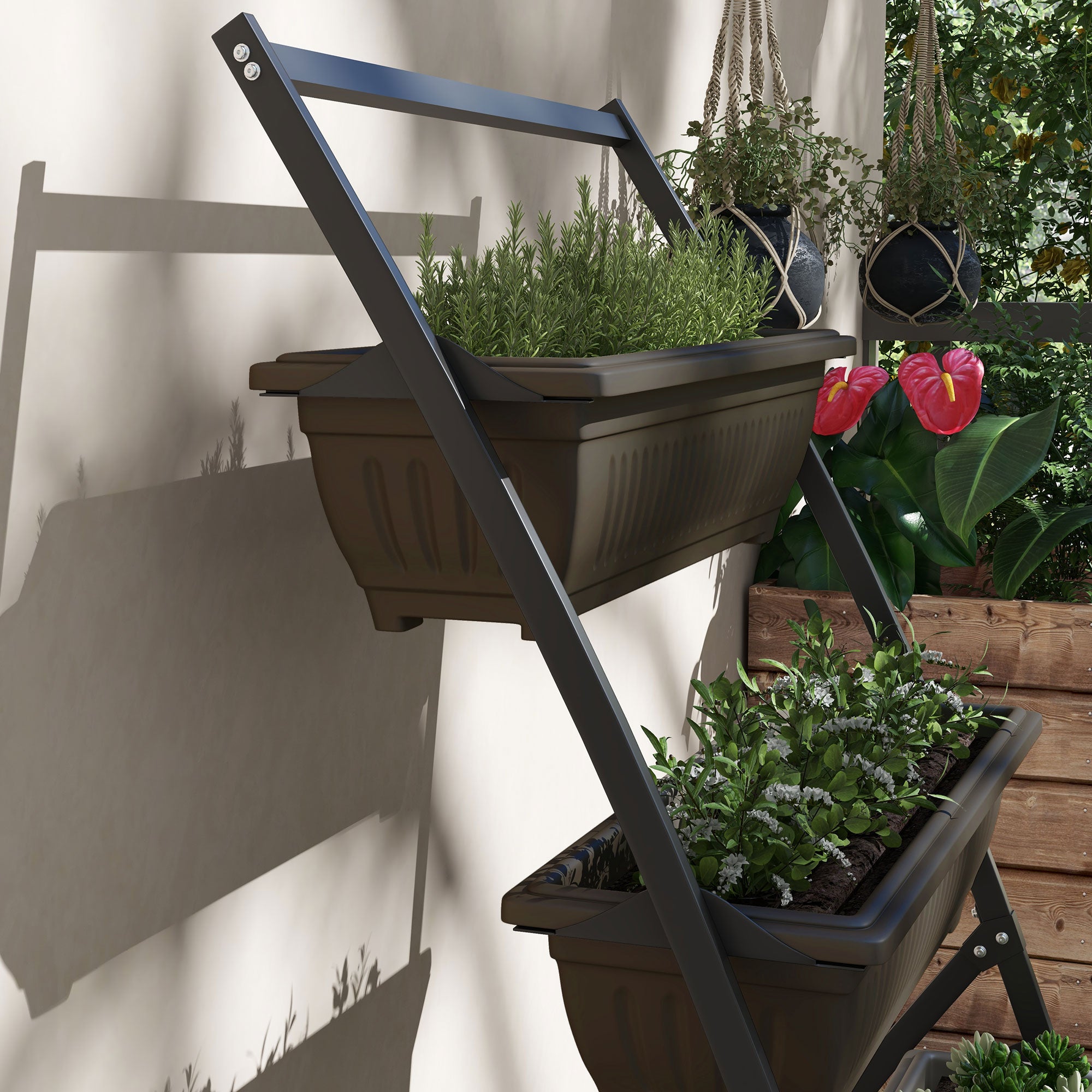 Plant Stand, Flower Stand with 4 Tiers, Plant Shelf with Holes, Plant Staircase Flower Shelf for Garden, Steel, Brown, 76 x 79 x 162 cm