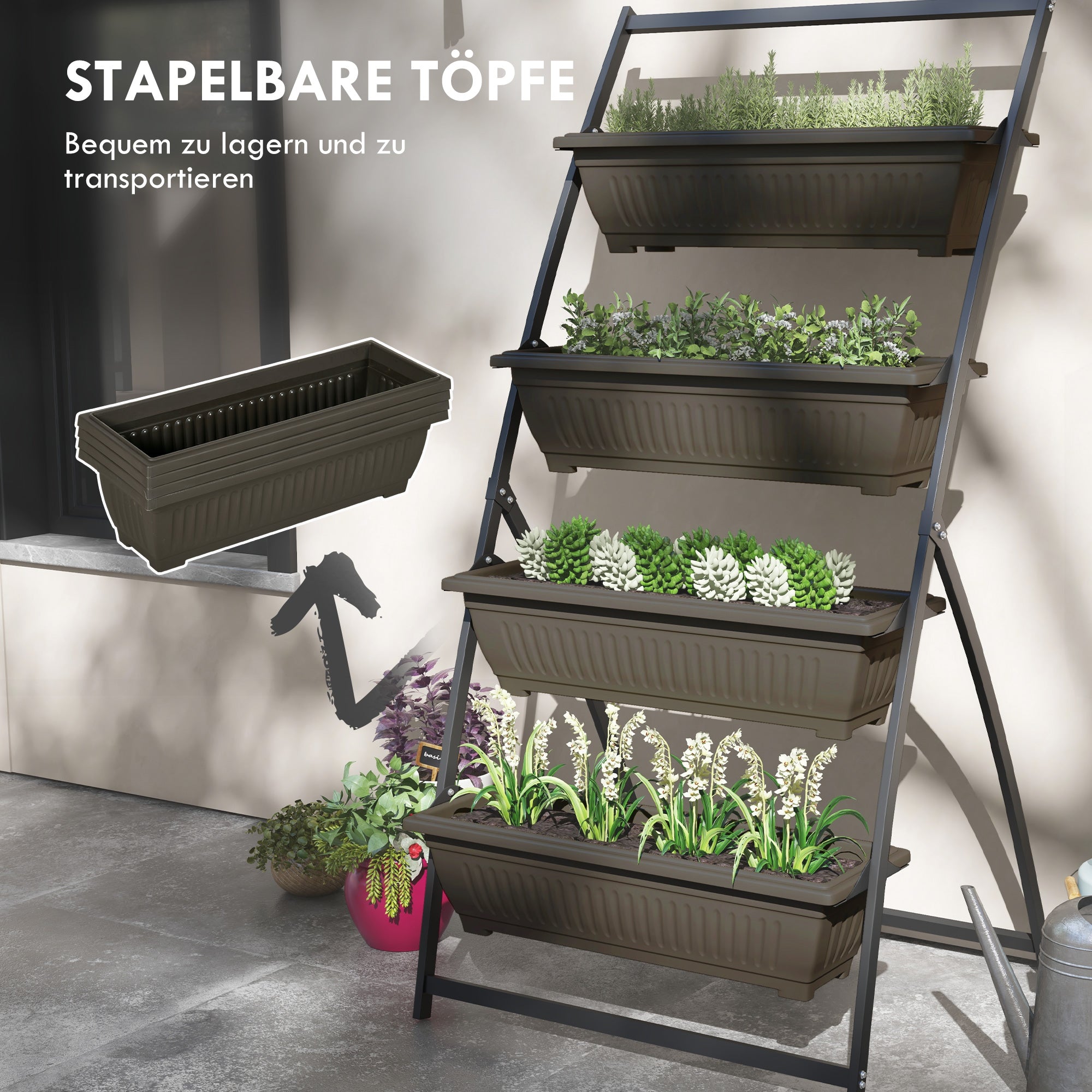 Plant Stand, Flower Stand with 4 Tiers, Plant Shelf with Holes, Plant Staircase Flower Shelf for Garden, Steel, Brown, 76 x 79 x 162 cm