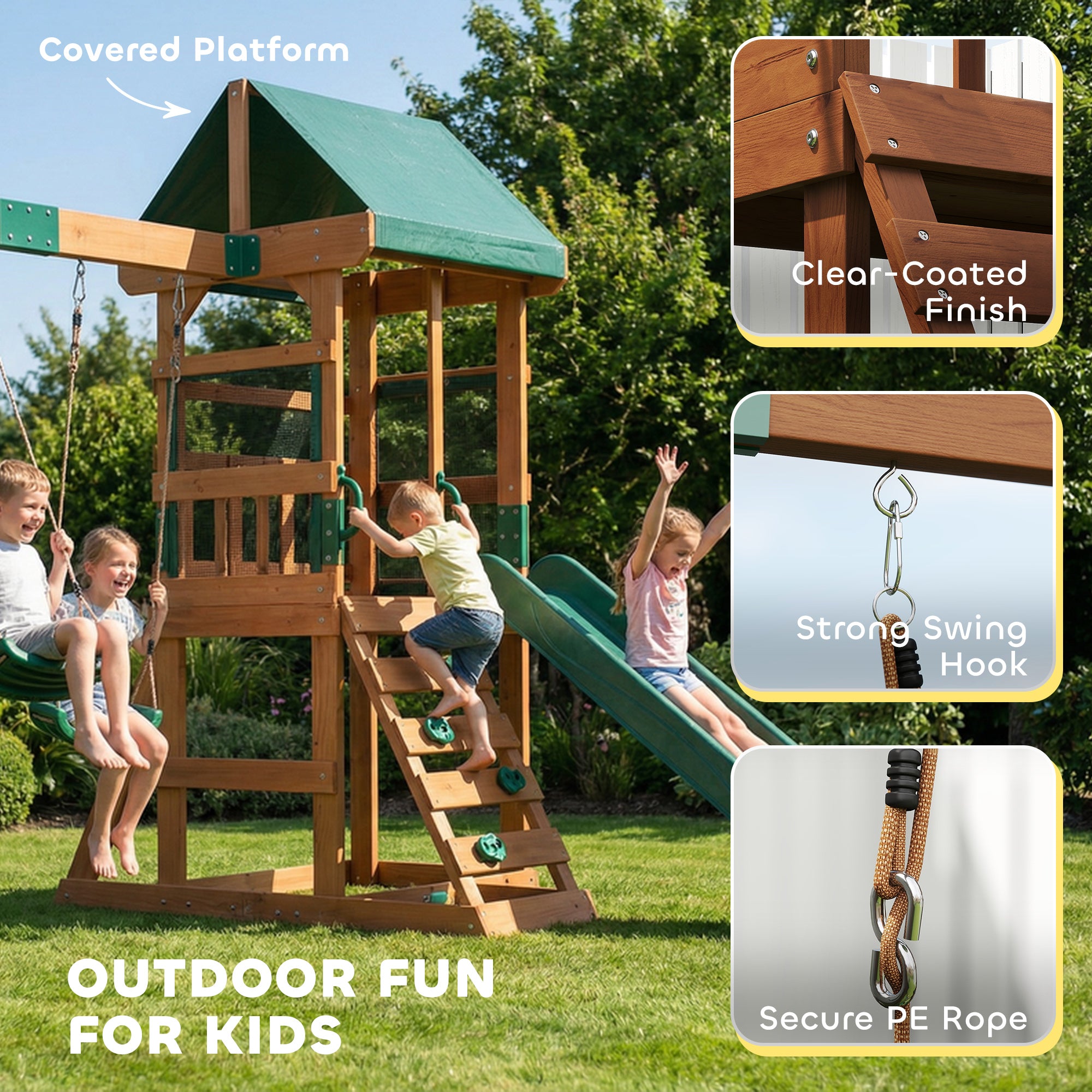 Spielturm Klettergerüst Schaukelgestell mit 194,5cm Rutsche, 2 Schaukeln, Kletterwand, überdachtem Oberdeck Outdoor Kinder Kletterturm aus Holz Spielhaus für 3-8 Jahre Kinder 315x284x233 cm